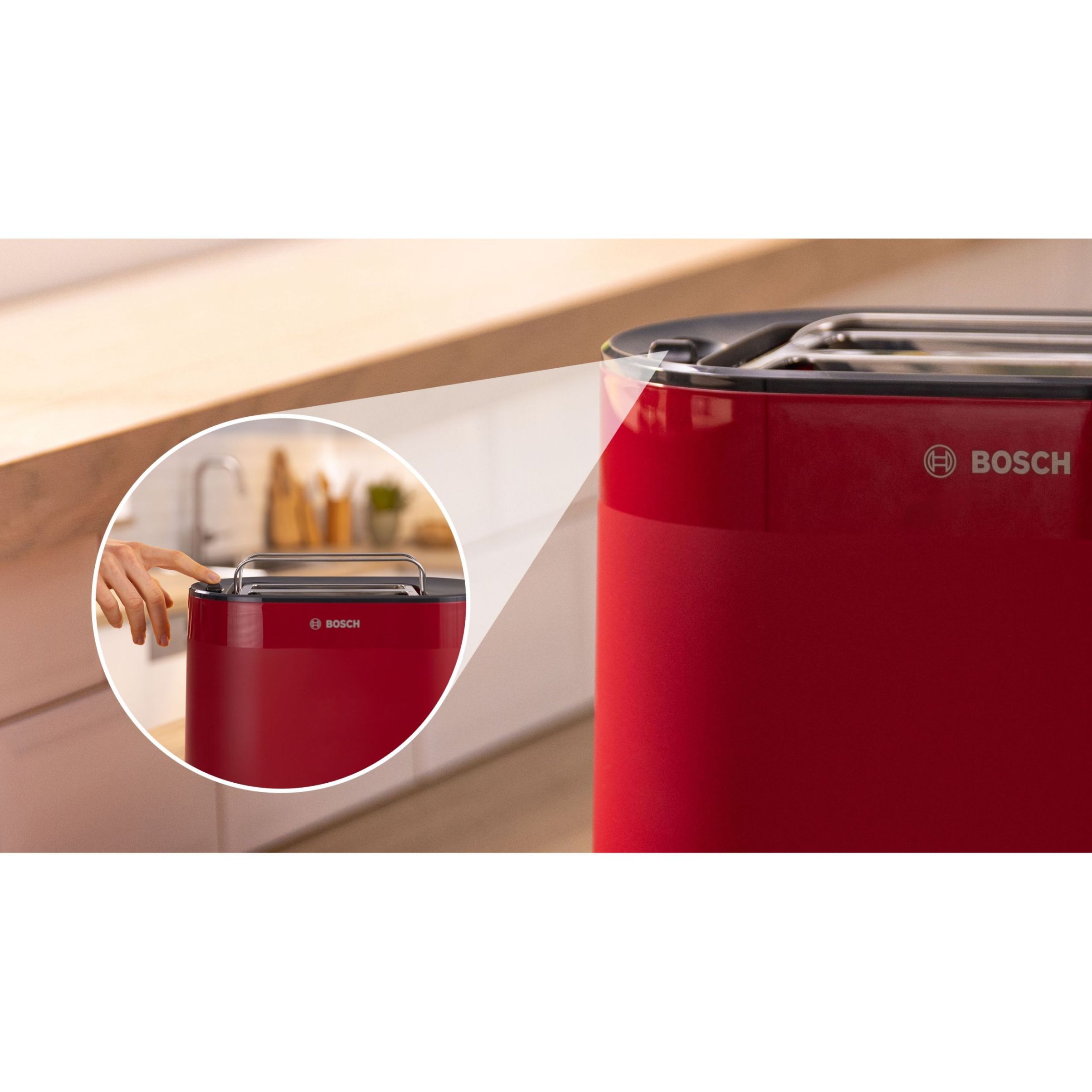 Prăjitor de pâine BOSCH MyMoment TAT2M124, 2 sloturi, Dezghețare, Încălzire, Grătar chifle, High Lift, Roșu