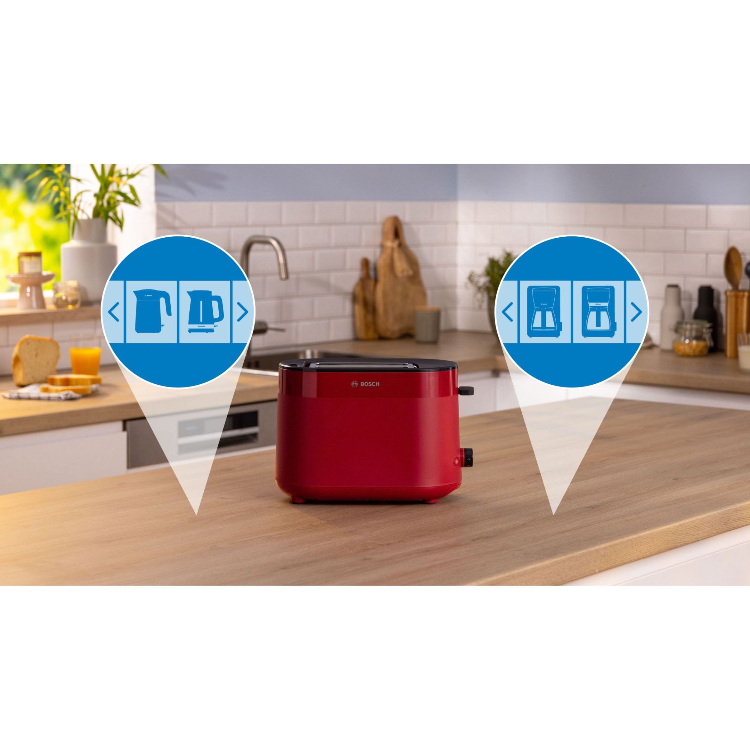Prăjitor de pâine BOSCH MyMoment TAT2M124, 2 sloturi, Dezghețare, Încălzire, Grătar chifle, High Lift, Roșu