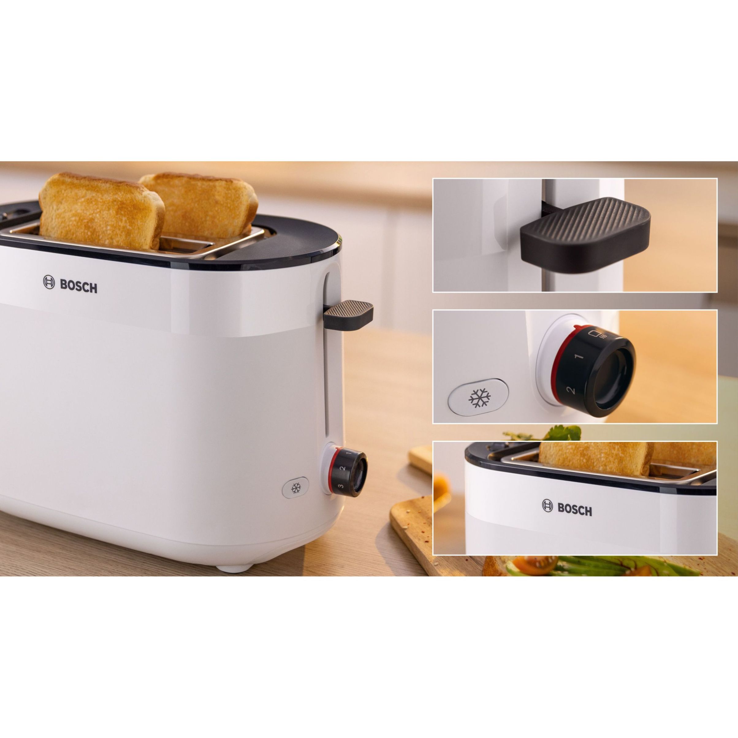Prăjitor de pâine BOSCH MyMoment TAT2M121, 2 sloturi, Dezghețare, Încălzire, Grătar chifle, High Lift, Alb