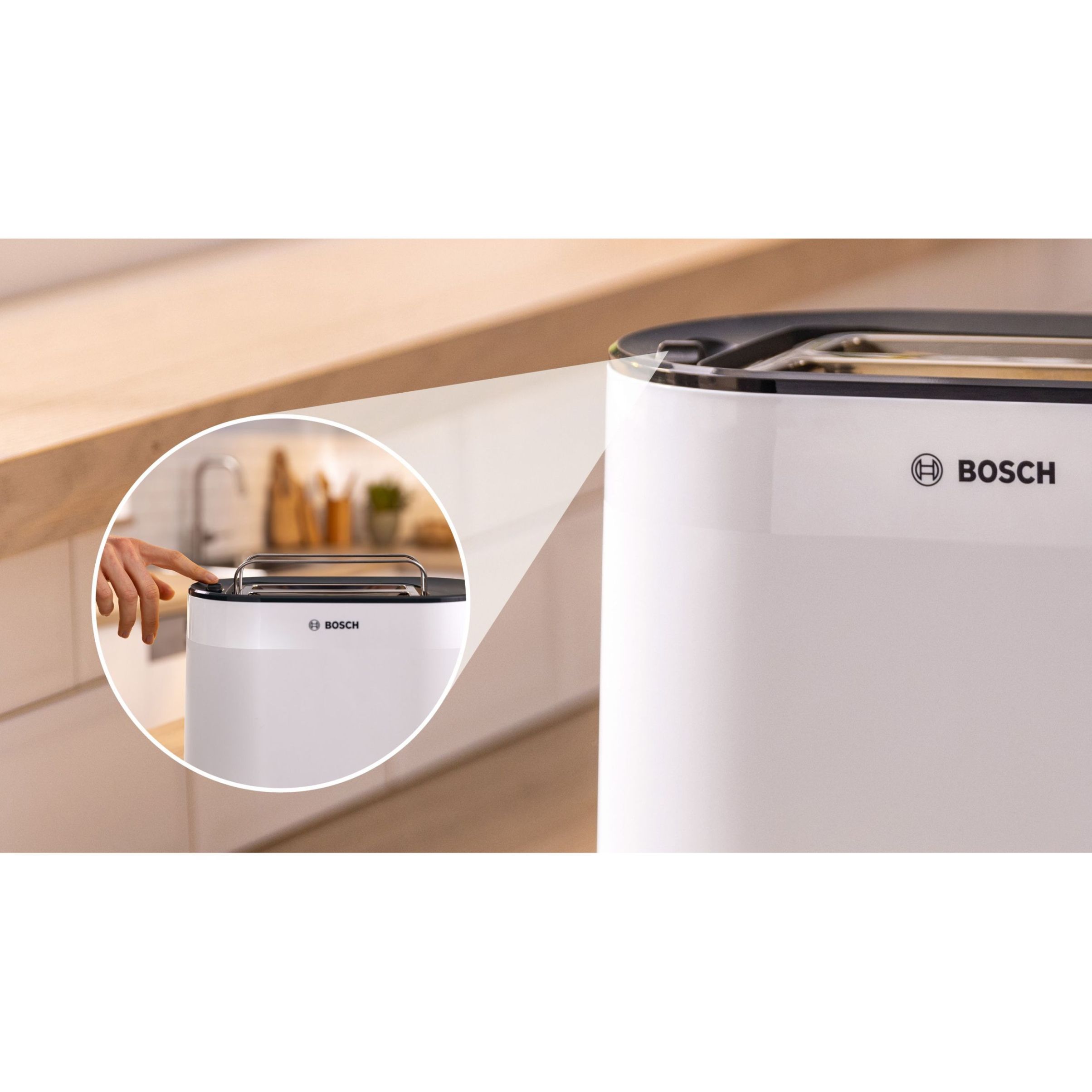 Prăjitor de pâine BOSCH MyMoment TAT2M121, 2 sloturi, Dezghețare, Încălzire, Grătar chifle, High Lift, Alb