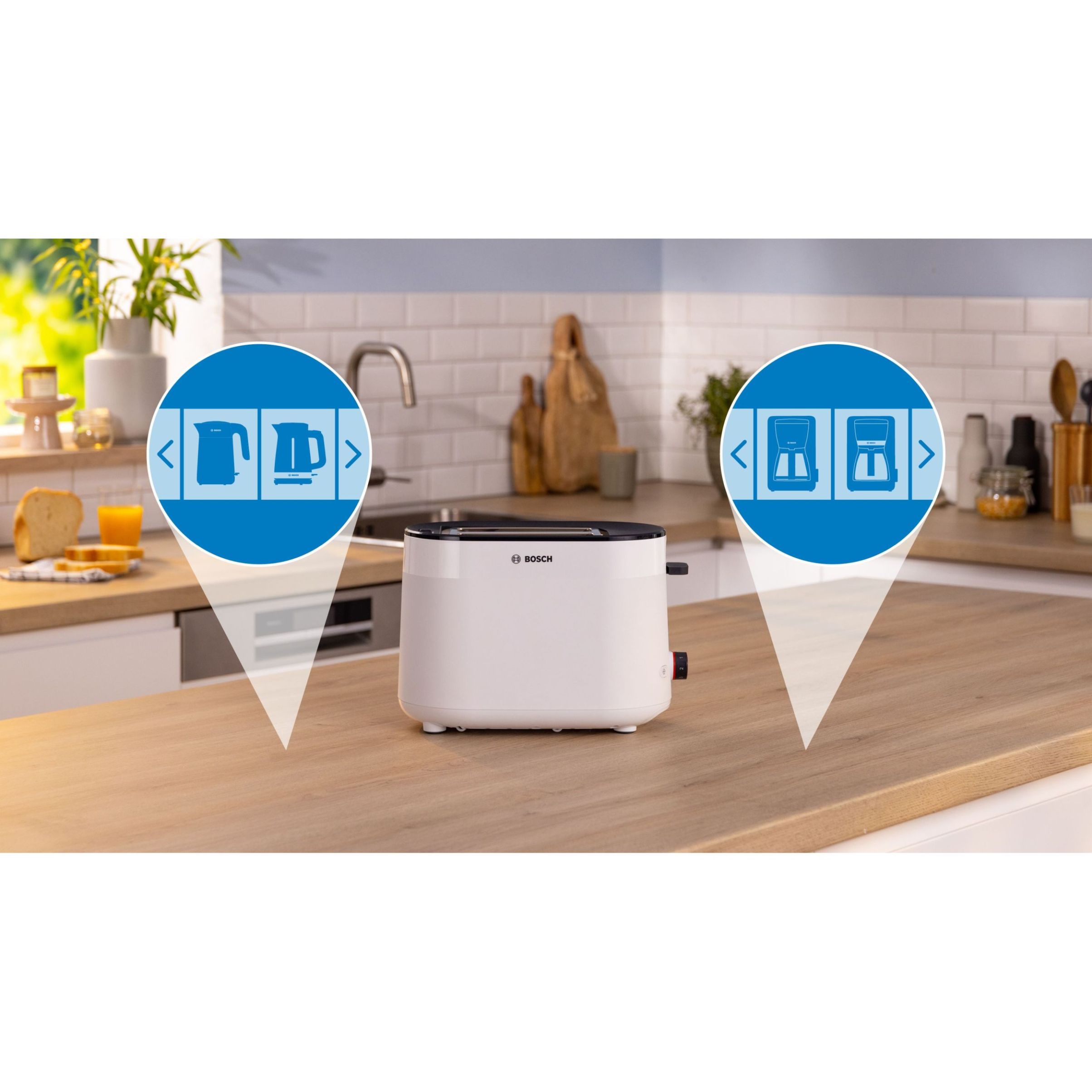 Prăjitor de pâine BOSCH MyMoment TAT2M121, 2 sloturi, Dezghețare, Încălzire, Grătar chifle, High Lift, Alb