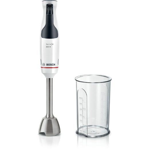 Blender de mână BOSCH Serie 4 ErgoMaster MSM4W410  800W  Baghetă inox  Cuțit QuattroBlade 4 lame  Pahar mixare gradat  Cuplaj ceramic  Funcție AntiSplash  C1.40m  White Anthracite
