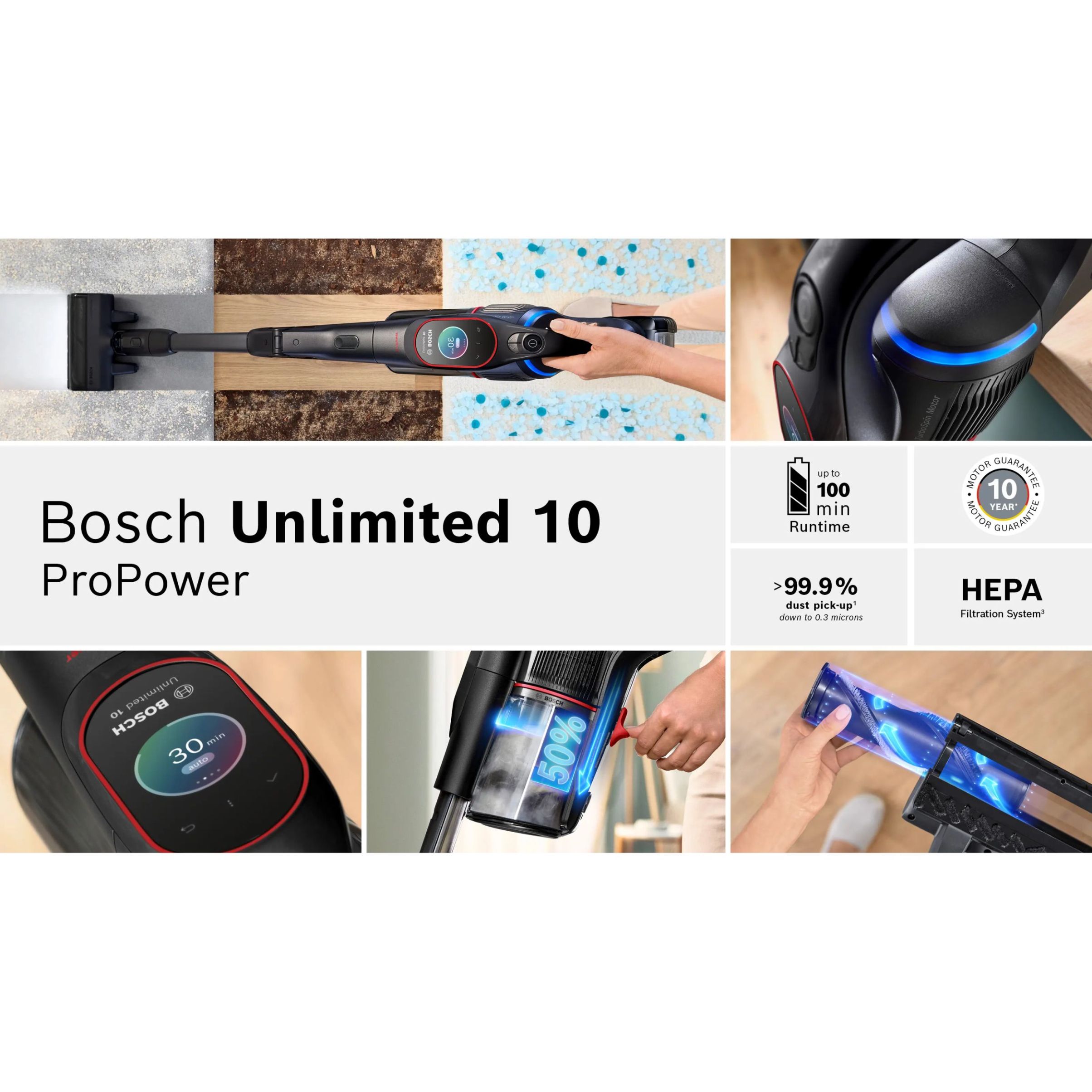 Aspirator vertical BOSCH Serie 10 Unlimited ProPower BCS1051POW, Acc. Li-Ion 5A 18V, Rezervor 0.4l, MicroClean, Filtru HEPA, 80dBA, Negru