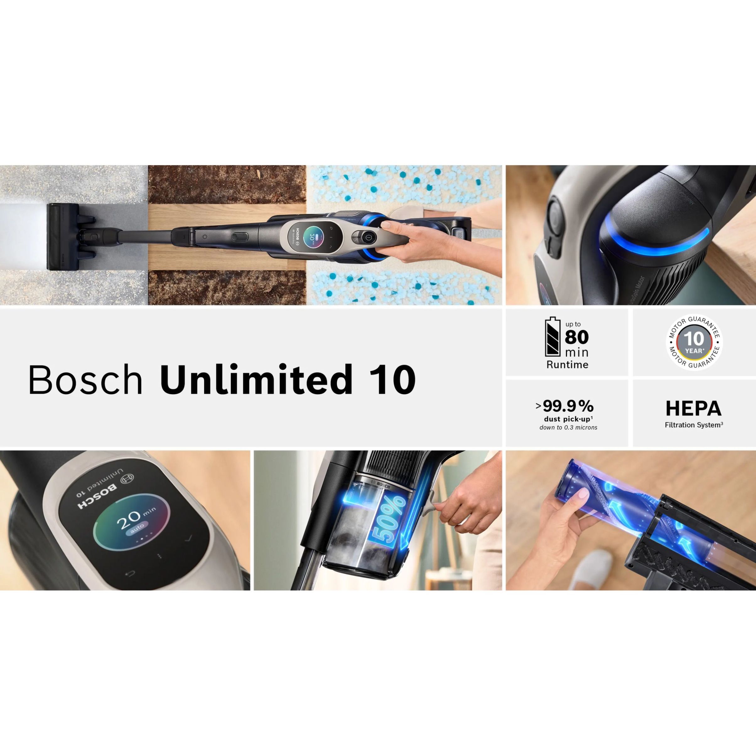 Aspirator vertical BOSCH Serie 10 Unlimited BSS1041GHF,  Acc. Li-Ion 4A 18V, Rezervor 0.4l, MicroClean, Filtru HEPA, 80dBA, Graphite