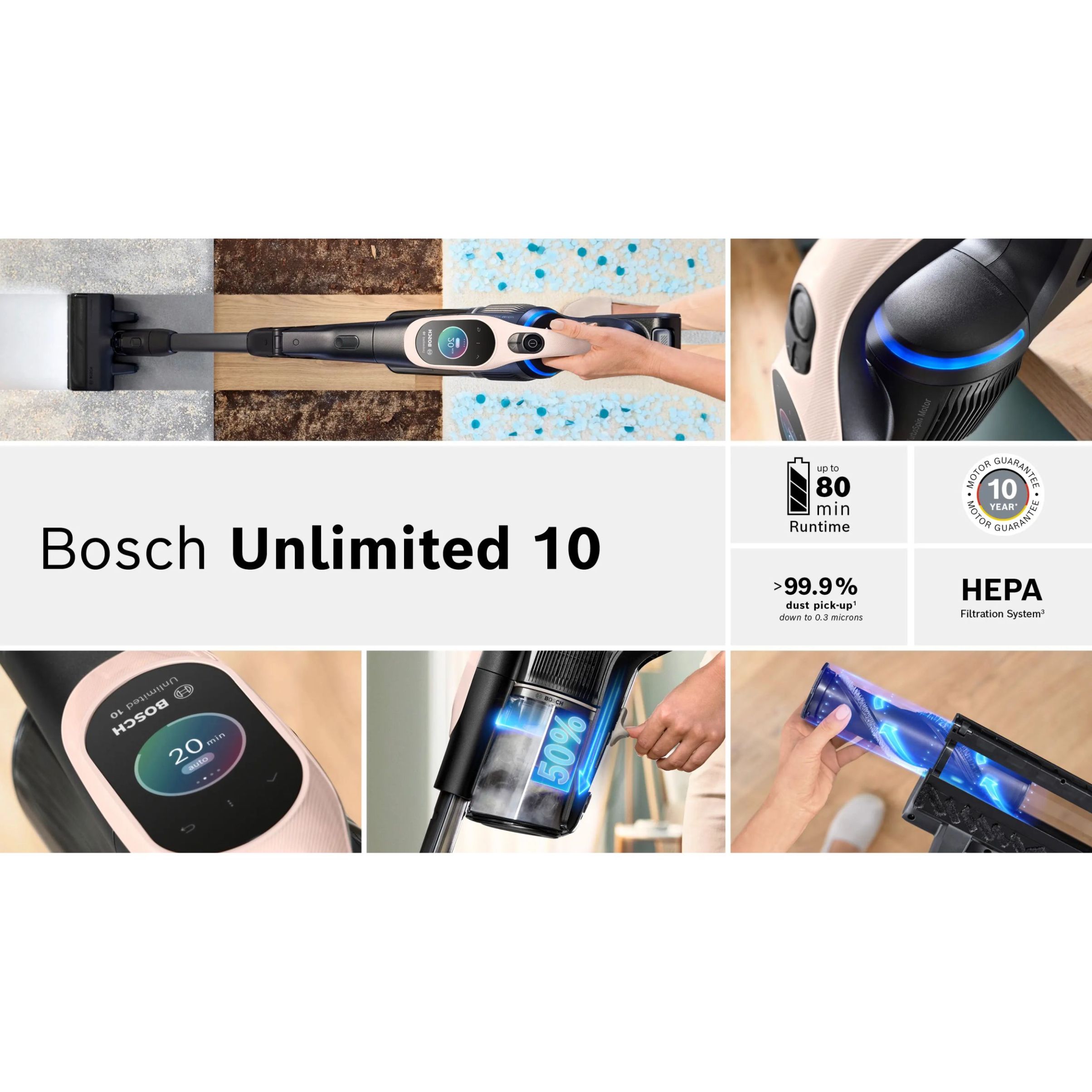 Aspirator vertical BOSCH Serie 10 Unlimited BBS1041RBA,  Acc. Li-Ion 4A 18V, Rezervor 0.4l, MicroClean, Filtru HEPA, 80dBA, Powder Rose