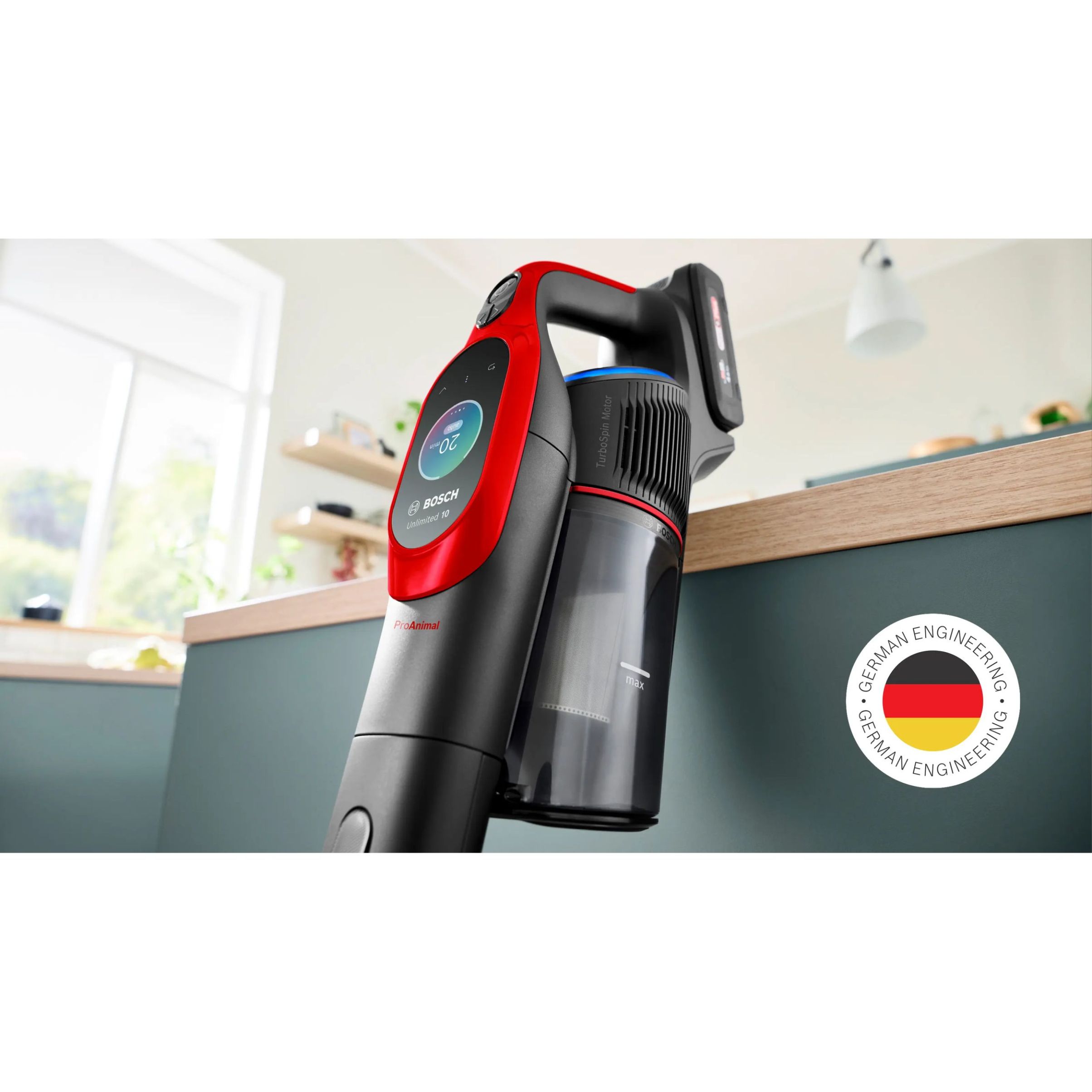Aspirator vertical BOSCH Serie 10 Unlimited ProAnimal BCS1041PET,  Acc. Li-Ion 4A 18V, Rezervor 0.4l, MicroClean, Filtru HEPA, 80dBA, Roșu