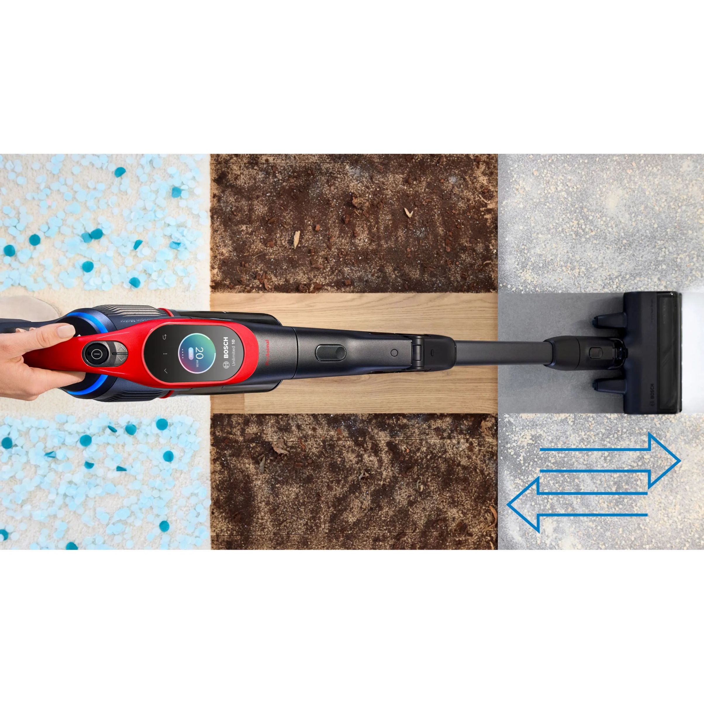 Aspirator vertical BOSCH Serie 10 Unlimited ProAnimal BCS1041PET,  Acc. Li-Ion 4A 18V, Rezervor 0.4l, MicroClean, Filtru HEPA, 80dBA, Roșu