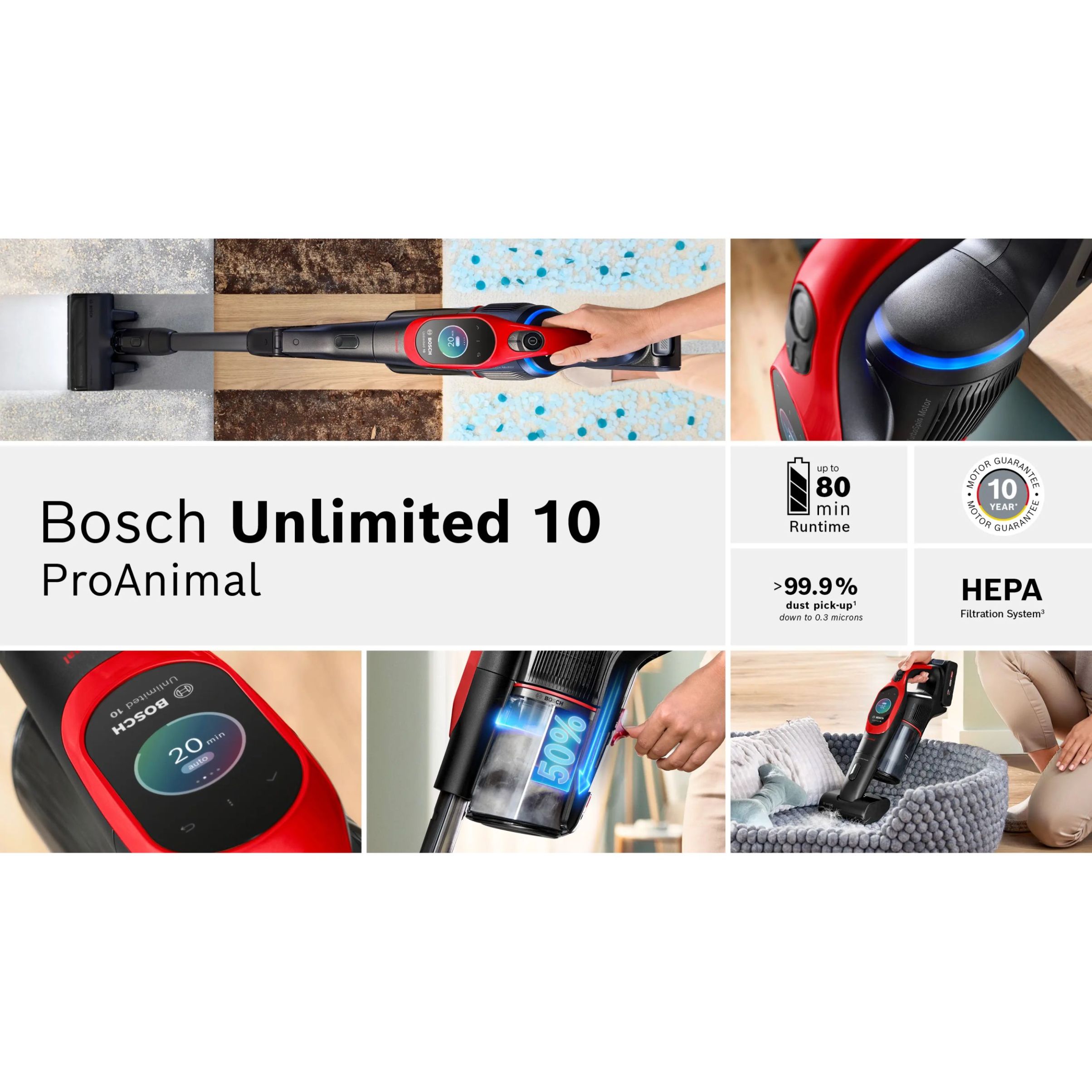 Aspirator vertical BOSCH Serie 10 Unlimited ProAnimal BCS1041PET,  Acc. Li-Ion 4A 18V, Rezervor 0.4l, MicroClean, Filtru HEPA, 80dBA, Roșu
