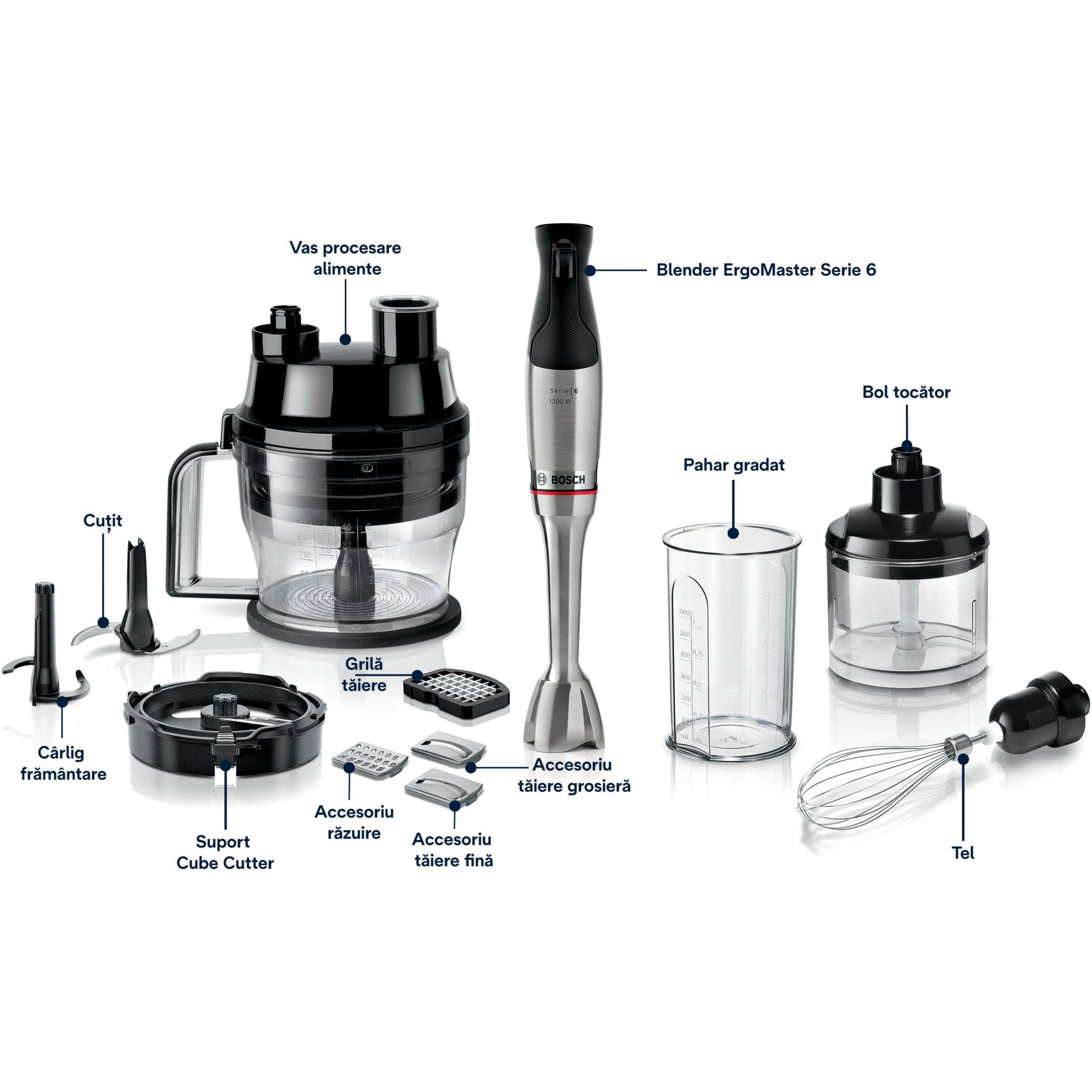 Blender de mână BOSCH Serie 6 ErgoMaster MSM6M8X1, 1200W, Control dinamic al vitezei, Ambreiaj ceramic durabil, Funcție impuls, Sistem EasyClick, Stainless Steel