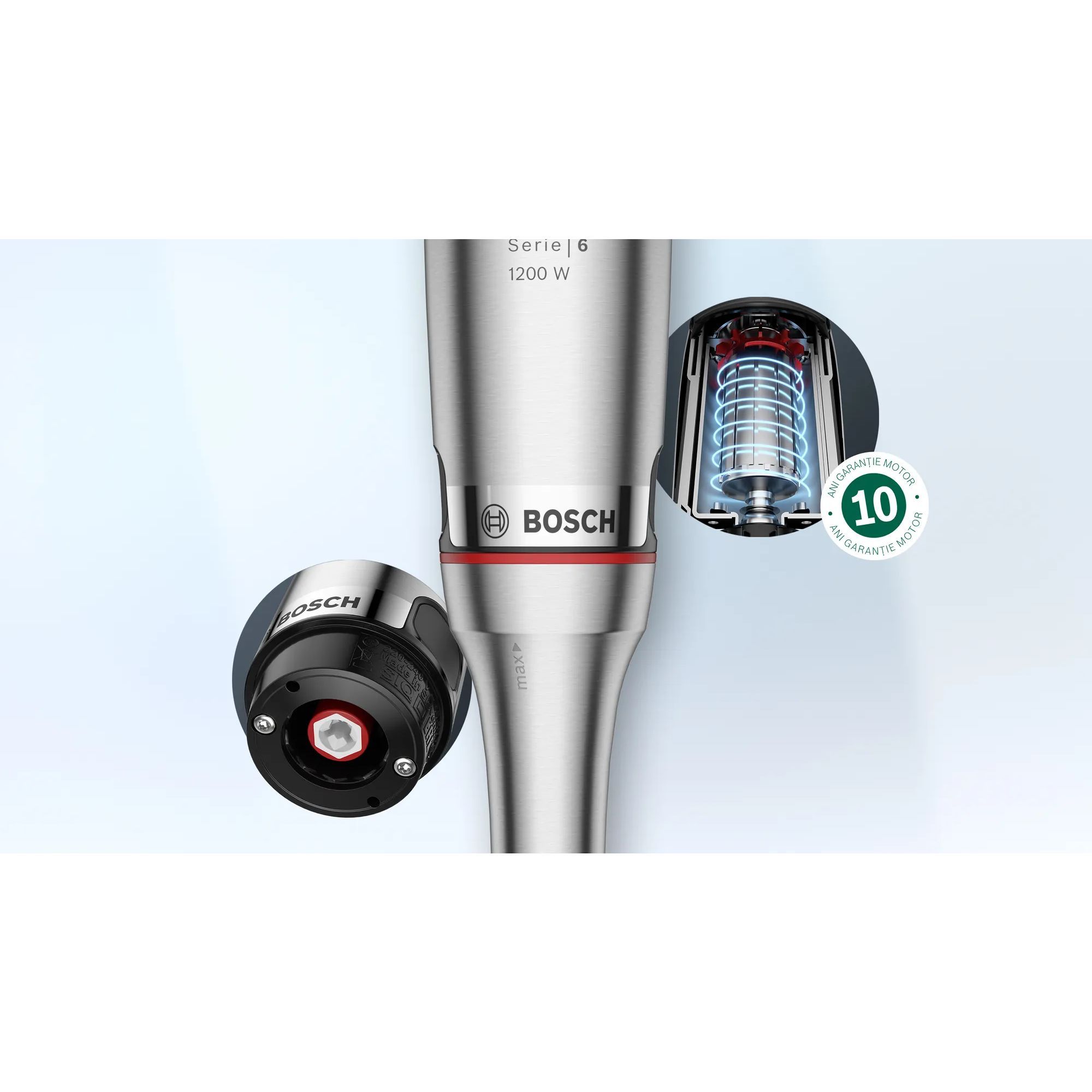 Blender de mână BOSCH Serie 6 ErgoMaster MSM6M8X1, 1200W, Control dinamic al vitezei, Ambreiaj ceramic durabil, Funcție impuls, Sistem EasyClick, Stainless Steel