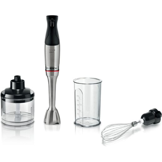 Blender de mână BOSCH Serie 6 ErgoMaster MSM6M821  1200W (variabilă)  Cuțit 4 lame QuattroBlade System Pro  Tocător 500ml  Tel  Pahar  Cuplă ceramică  AntiSplash  Mâner SoftGrip  C1.4m  Stainless Steel