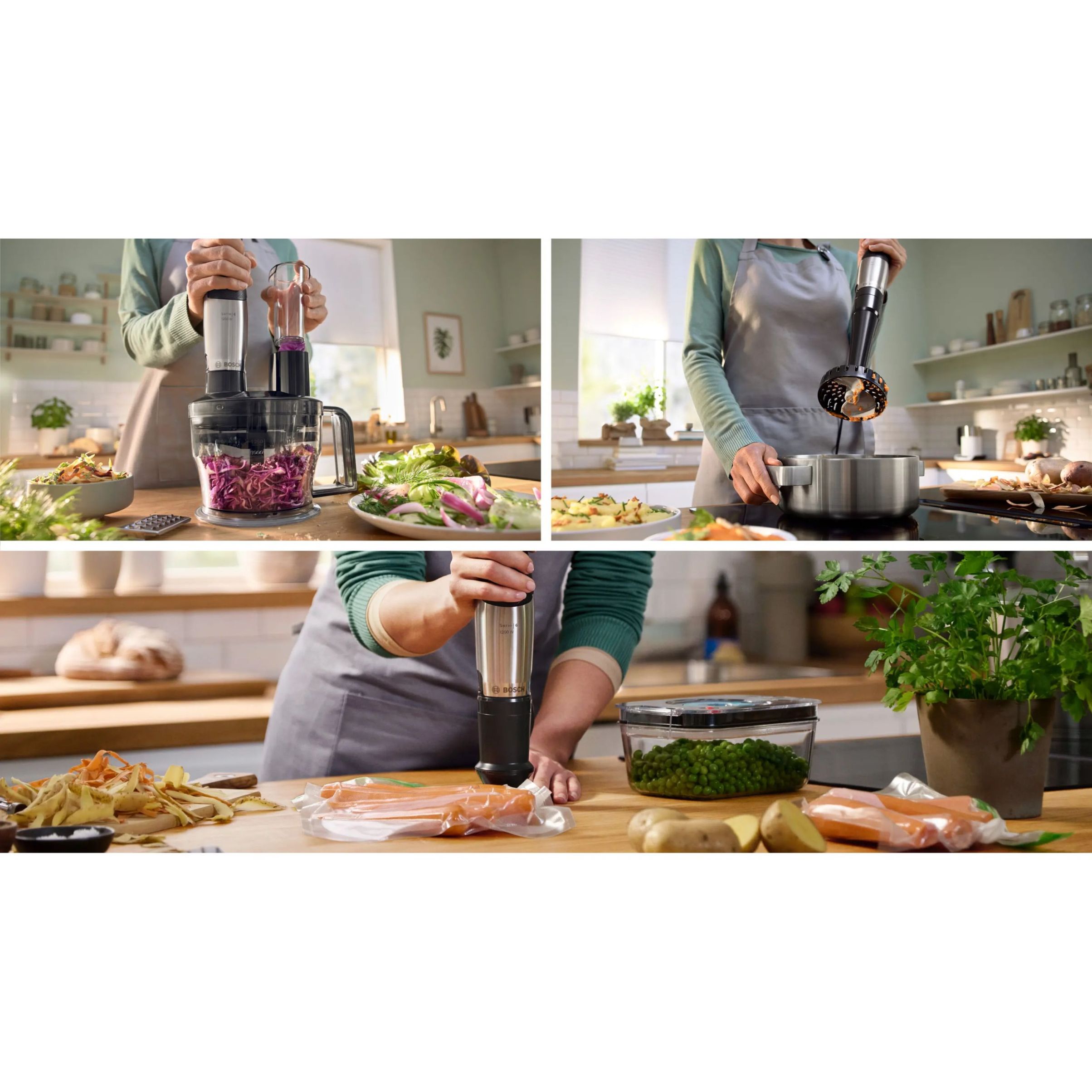 Blender de mână BOSCH Serie 6 ErgoMaster MSM6M821, 1200W (variabilă), Cuțit 4 lame QuattroBlade System Pro, Tocător 500ml, Tel, Pahar, Cuplă ceramică, AntiSplash, Mâner SoftGrip, C1.4m, Stainless Steel