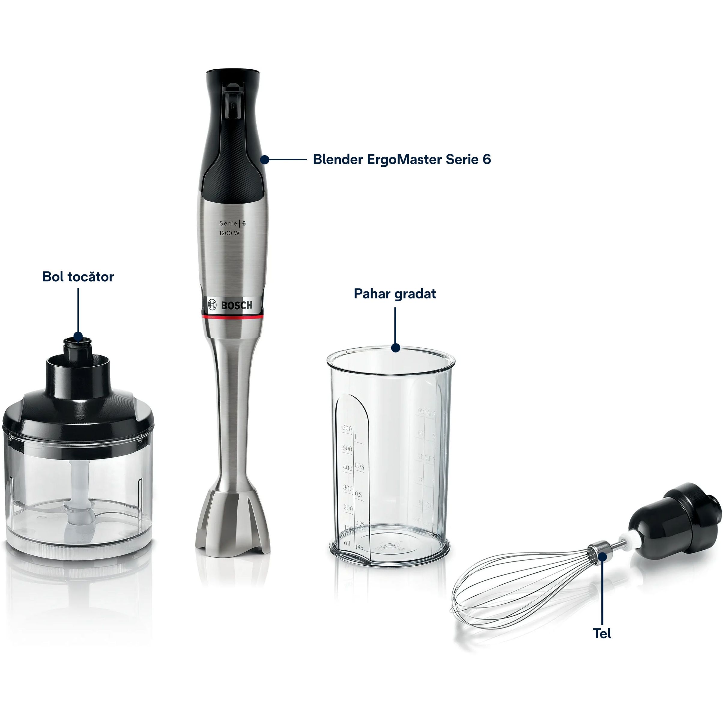 Blender de mână BOSCH Serie 6 ErgoMaster MSM6M821, 1200W (variabilă), Cuțit 4 lame QuattroBlade System Pro, Tocător 500ml, Tel, Pahar, Cuplă ceramică, AntiSplash, Mâner SoftGrip, C1.4m, Stainless Steel