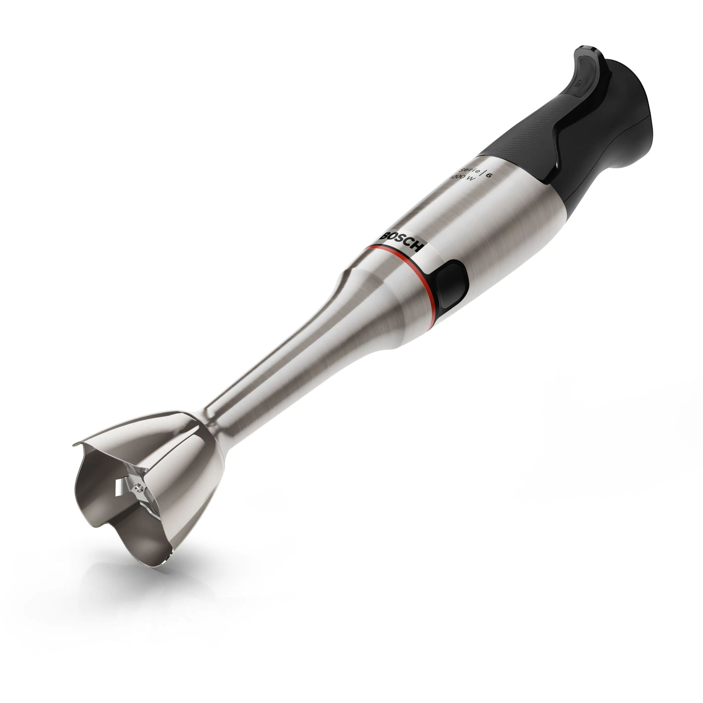 Blender de mână BOSCH Serie 6 ErgoMaster MSM6M821, 1200W (variabilă), Cuțit 4 lame QuattroBlade System Pro, Tocător 500ml, Tel, Pahar, Cuplă ceramică, AntiSplash, Mâner SoftGrip, C1.4m, Stainless Steel