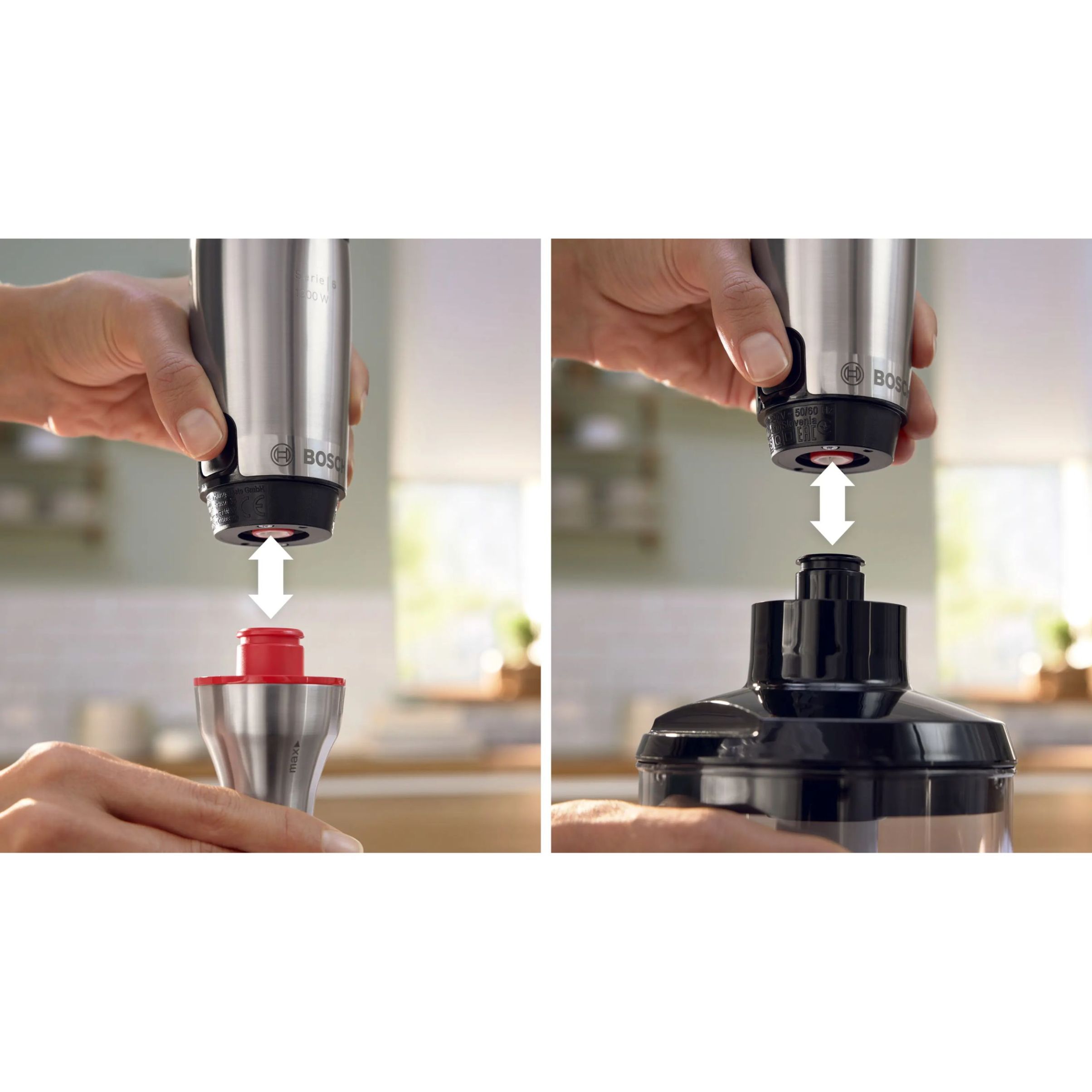 Blender de mână BOSCH Serie 6 ErgoMaster MSM6M821, 1200W (variabilă), Cuțit 4 lame QuattroBlade System Pro, Tocător 500ml, Tel, Pahar, Cuplă ceramică, AntiSplash, Mâner SoftGrip, C1.4m, Stainless Steel