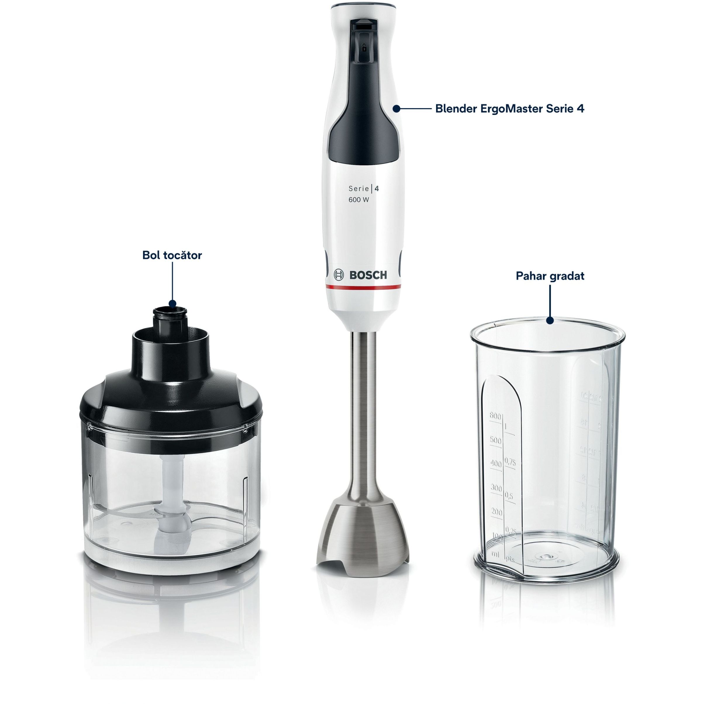 Blender de mână BOSCH Serie 4 ErgoMaster MSM4W220, 600W, Alb, Black Grey