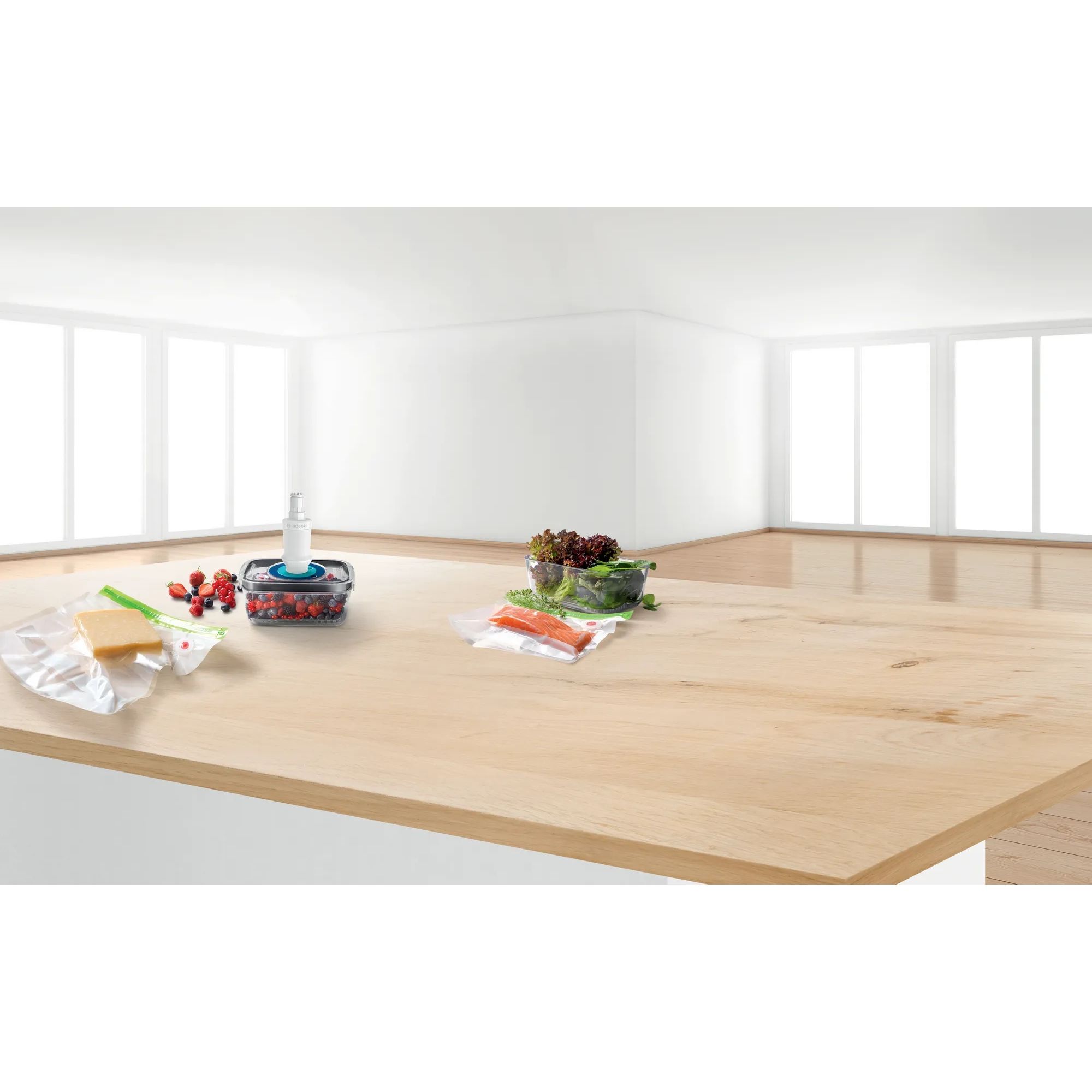 Set accesorii BOSCH Vacuum MSZV1FS1 – 17006932, Pompă albă, Caserolă Tritan cu tăviță scurgere, Cadran salvare dată, Interval -18~85°C, Microunde nu mai mult de 90s la 900W, 6 pungi reutilizabile, Făr