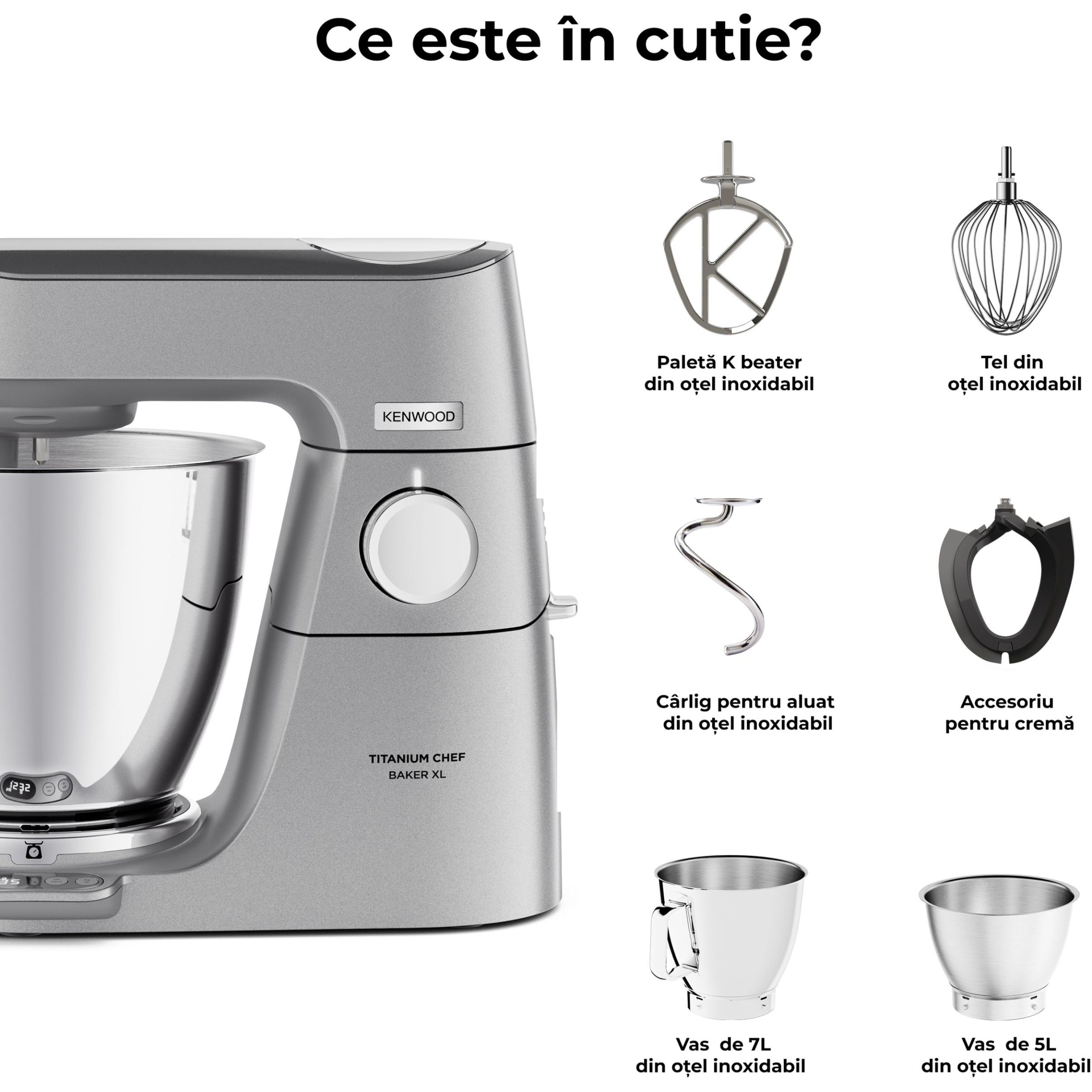 Robot de bucătărie planetar KENWOOD Titanium Chef Baker XL KVL85.004SI – 0W20011377, 1200W, 2 vase (7l/5l), Cântar integrat, G11.50kg, Silver