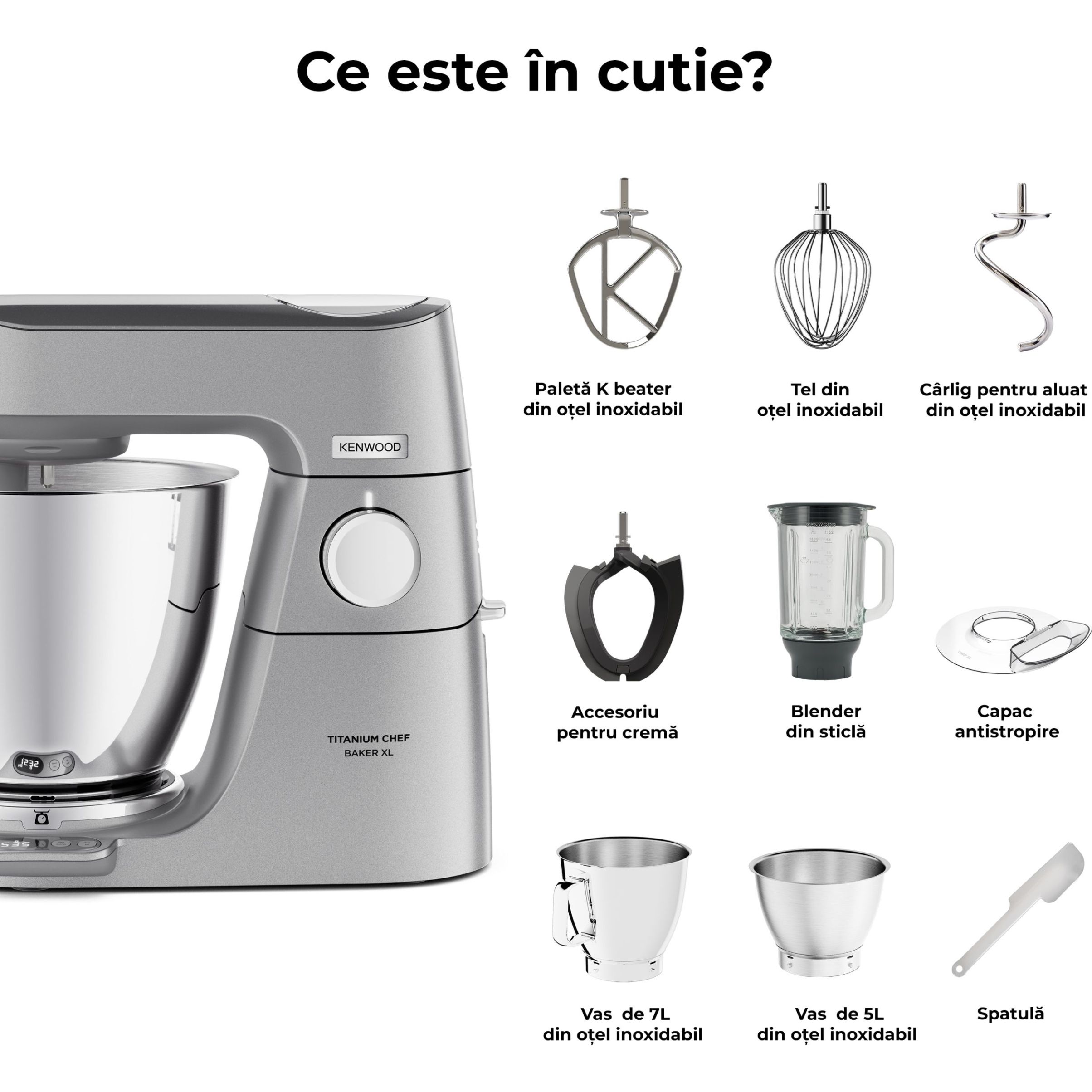 Robot de bucătărie planetar KENWOOD Titanium Chef Baker XL KVL85.124SI – 0W20011385, 1200W, 2 vase (7l/5l), Cântar integrat, Blender, Silver