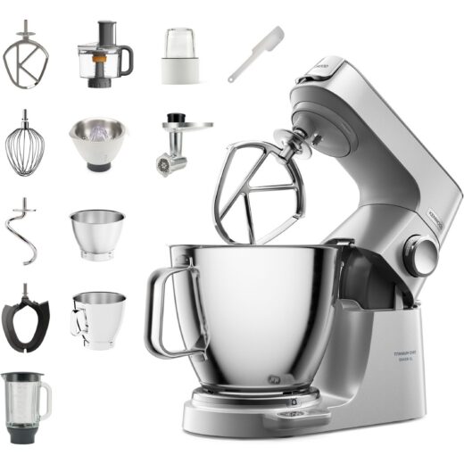 Robot de bucătărie planetar KENWOOD Titanium Chef Baker XL KVL85.704SI – 0W20011480  1200W  2 vase (7l/5l)  Cântar  Blender  Mașină de tocat  Procesor alimente  Storcător citrice  Tocător  G20.03kg
