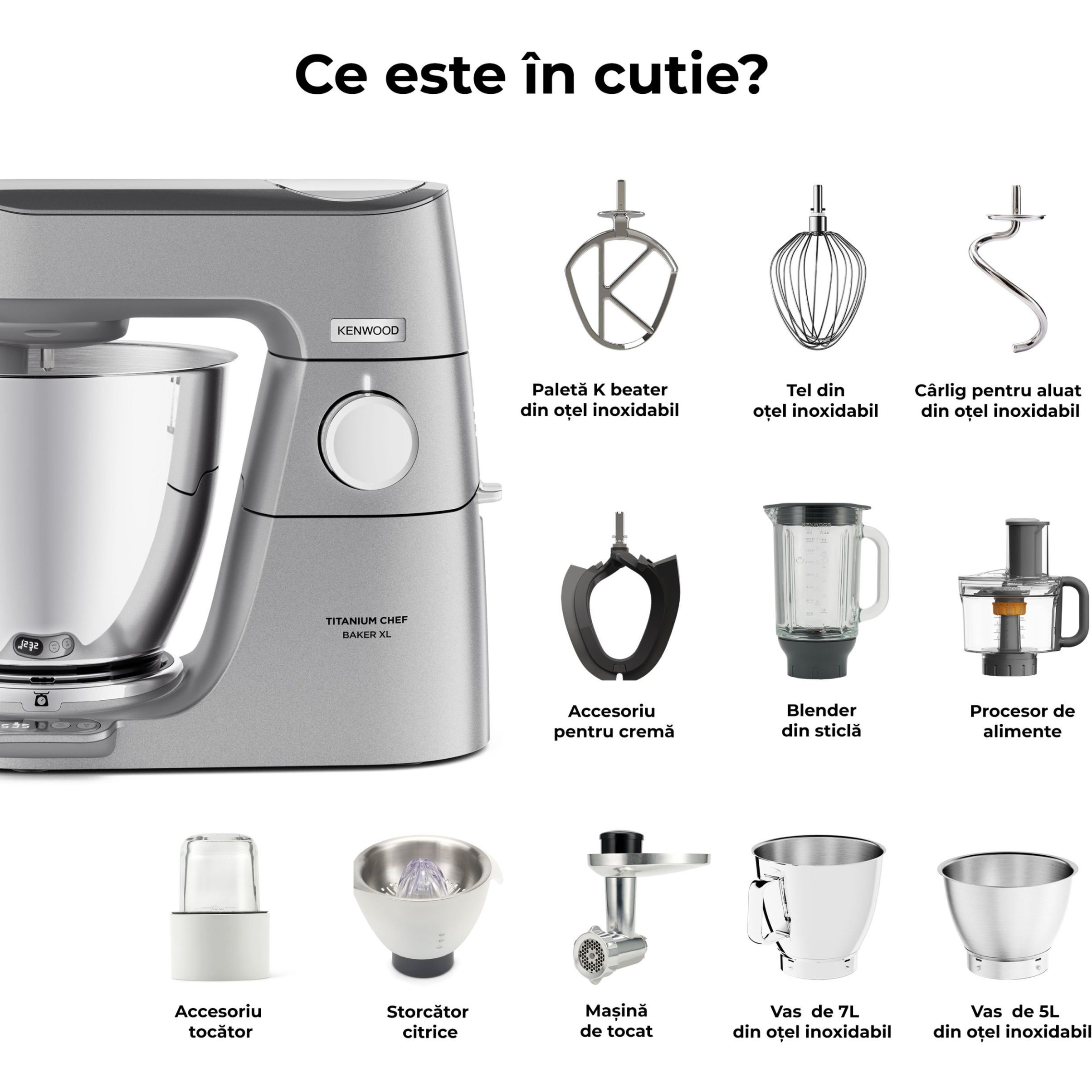 Robot de bucătărie planetar KENWOOD Titanium Chef Baker XL KVL85.704SI – 0W20011480, 1200W, 2 vase (7l/5l), Cântar, Blender, Mașină de tocat, Procesor alimente, Storcător citrice, Tocător, G20.03kg