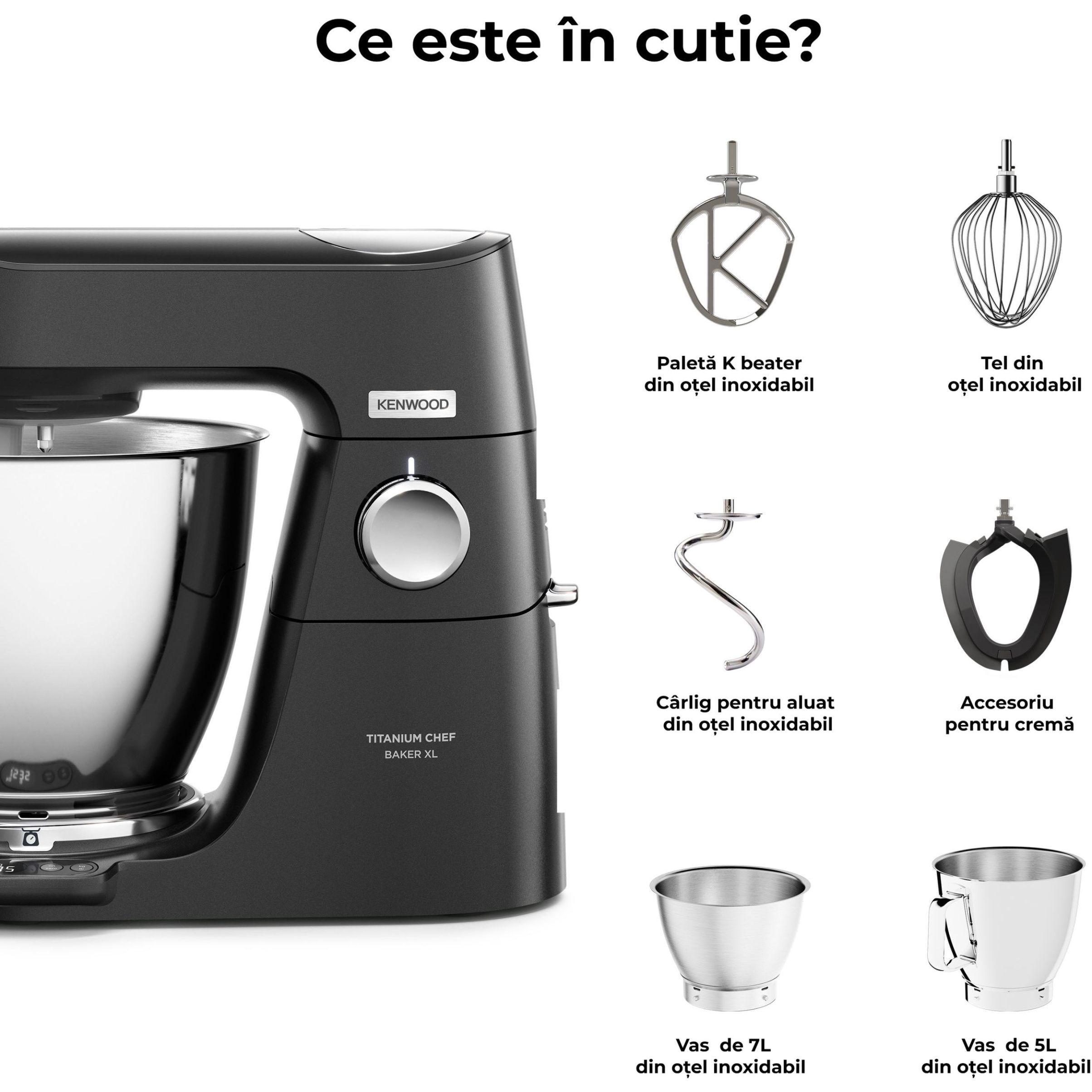 Robot de bucătărie planetar KENWOOD Titanium Chef Baker XL Black Autograph Collection KVL85.004BK – 0W20011466, 1200W, 2 vase (7l/5l), Cântar integrat, G11.50kg, Black
