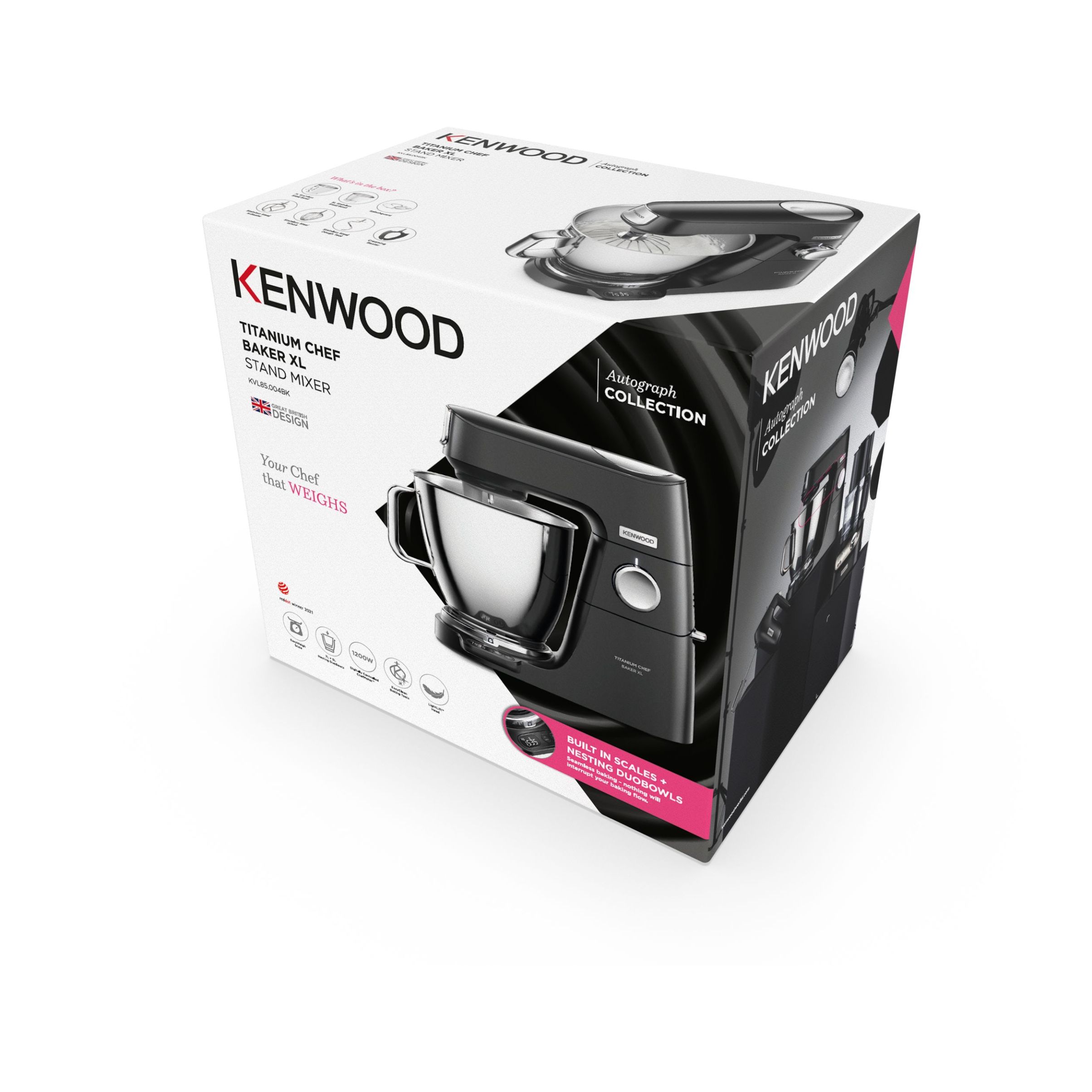 Robot de bucătărie planetar KENWOOD Titanium Chef Baker XL Black Autograph Collection KVL85.004BK – 0W20011466, 1200W, 2 vase (7l/5l), Cântar integrat, G11.50kg, Black