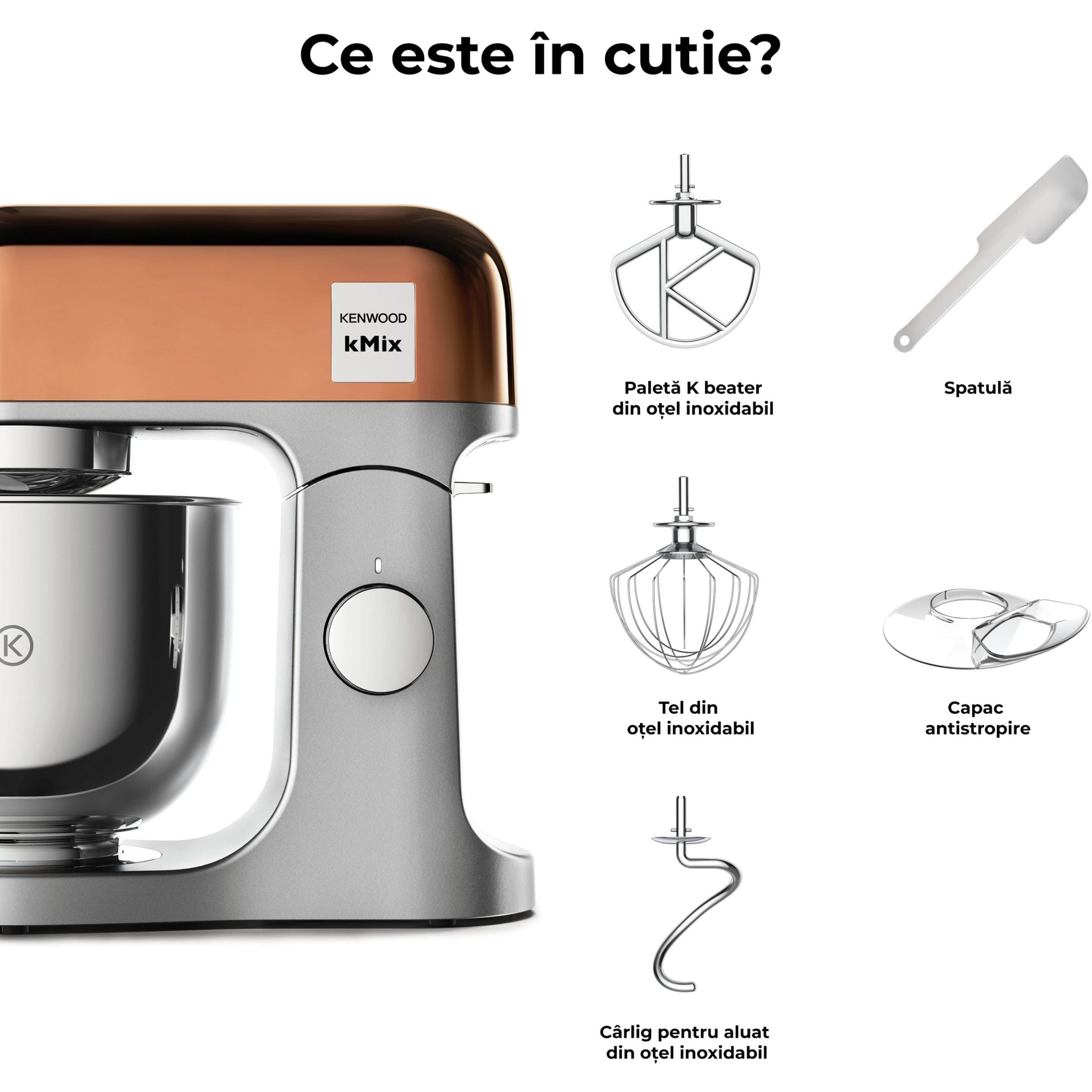 Robot de bucătărie planetar KENWOOD kMix Special Edition KMX760AGD – 0W20011395, 1000W (6 trepte și Turbo), Vas inox 5l, Set patiserie (tel 16 brațe, cârlig, paletă K), G9.3kg, Rose Gold