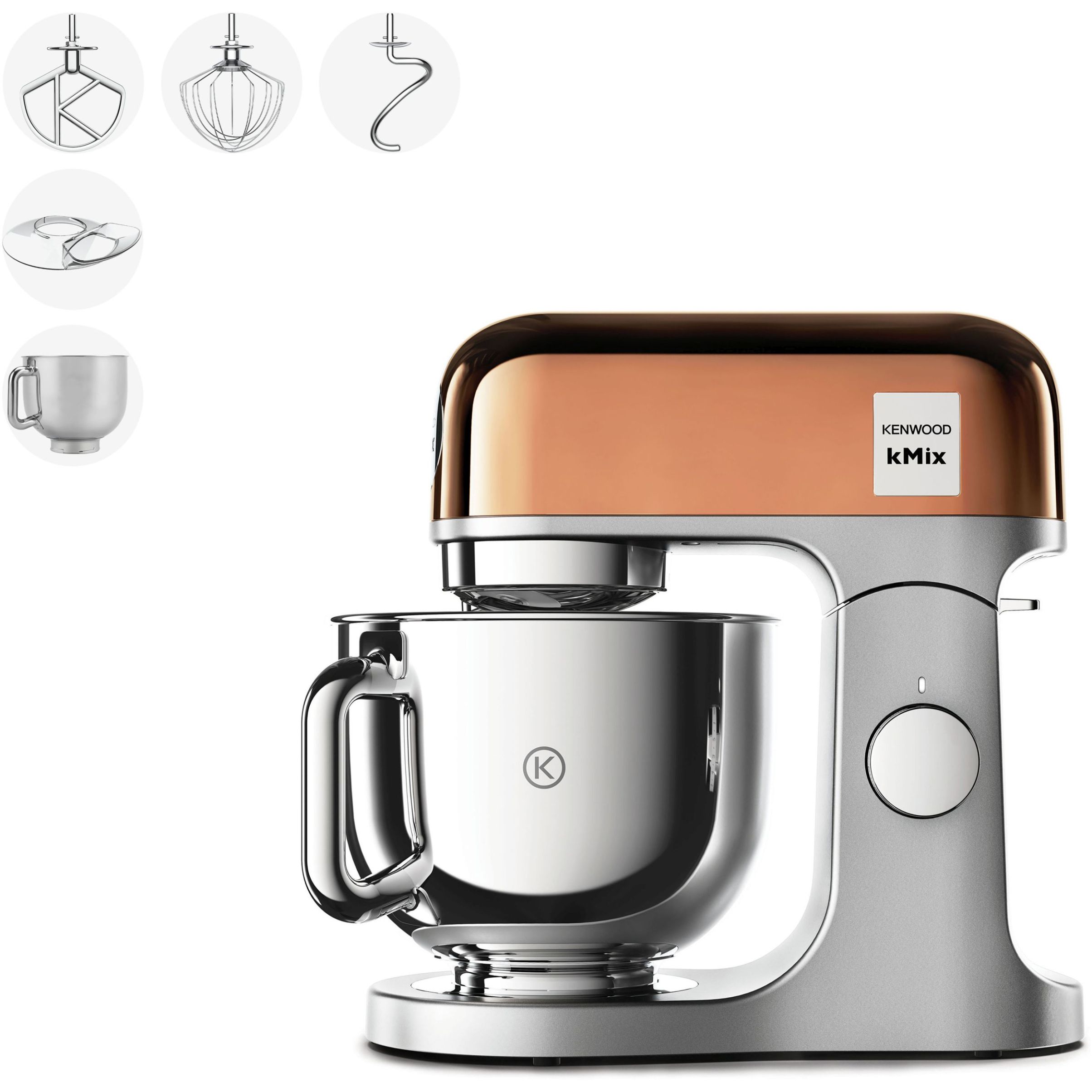 Robot de bucătărie planetar KENWOOD kMix Special Edition KMX760AGD – 0W20011395, 1000W (6 trepte și Turbo), Vas inox 5l, Set patiserie (tel 16 brațe, cârlig, paletă K), G9.3kg, Rose Gold