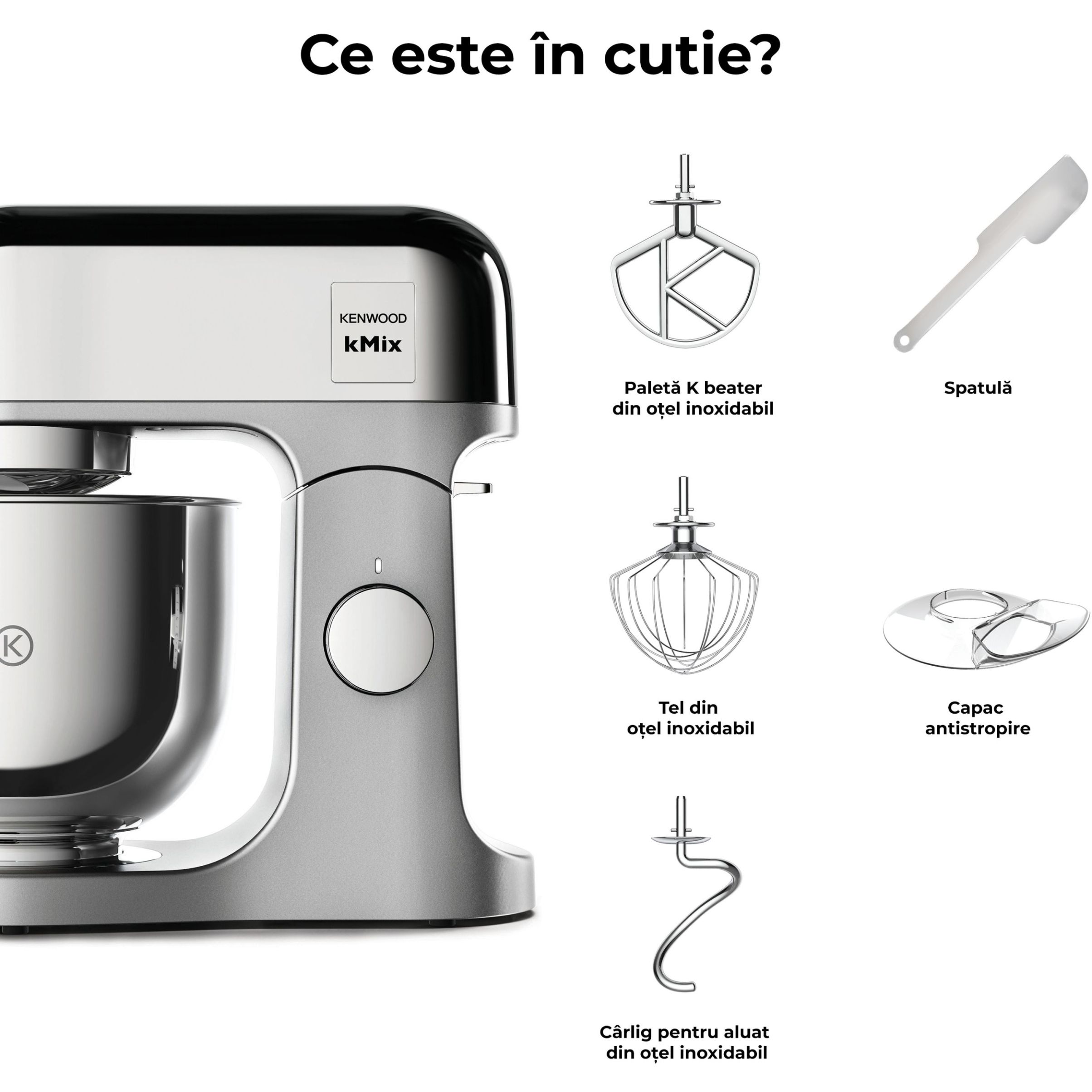 Robot de bucătărie planetar KENWOOD kMix Special Edition KMX760ACH – 0W20011397, 1000W (6 trepte și Turbo), Vas inox 5l, Set patiserie (tel 16 brațe, cârlig, paletă K), G9.3kg, Chrome