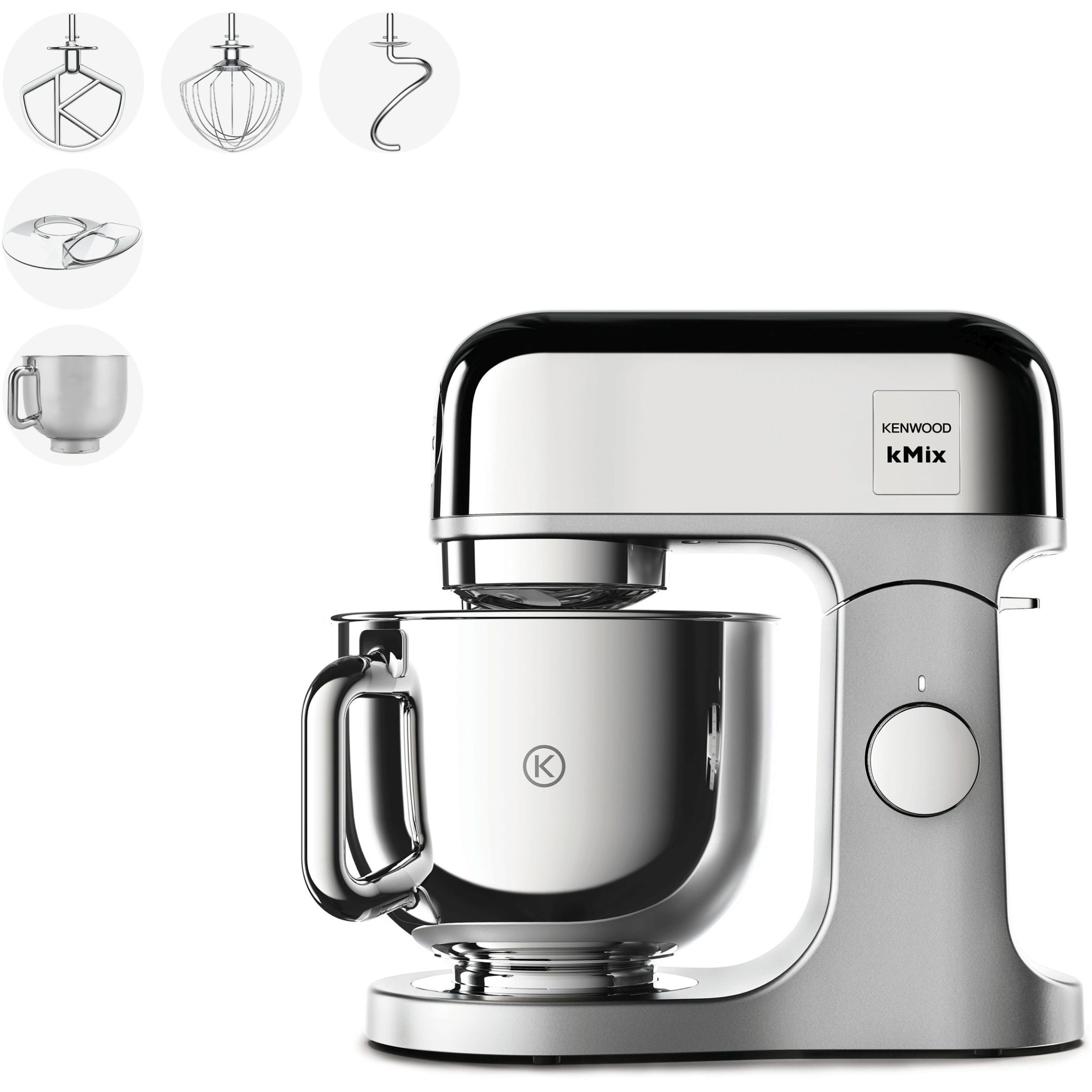 Robot de bucătărie planetar KENWOOD kMix Special Edition KMX760ACH – 0W20011397, 1000W (6 trepte și Turbo), Vas inox 5l, Set patiserie (tel 16 brațe, cârlig, paletă K), G9.3kg, Chrome