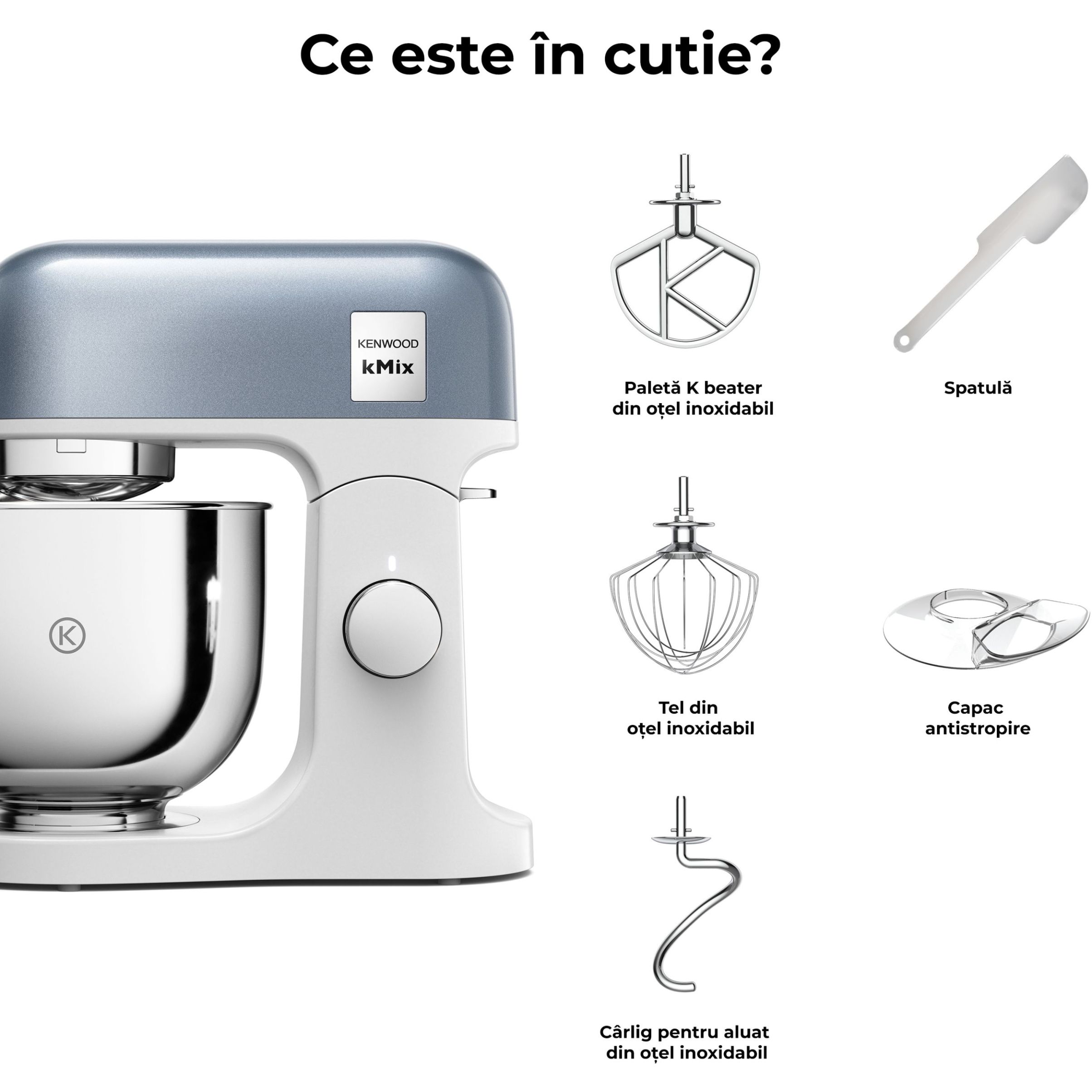 Robot de bucătărie planetar KENWOOD kMix Special Edition KMX760ABL – 0W20011441, 1000W (6 trepte și Turbo), Vas inox 5l, Set patiserie (tel 16 brațe, cârlig, paletă K), G9.3kg, Juniper Blue