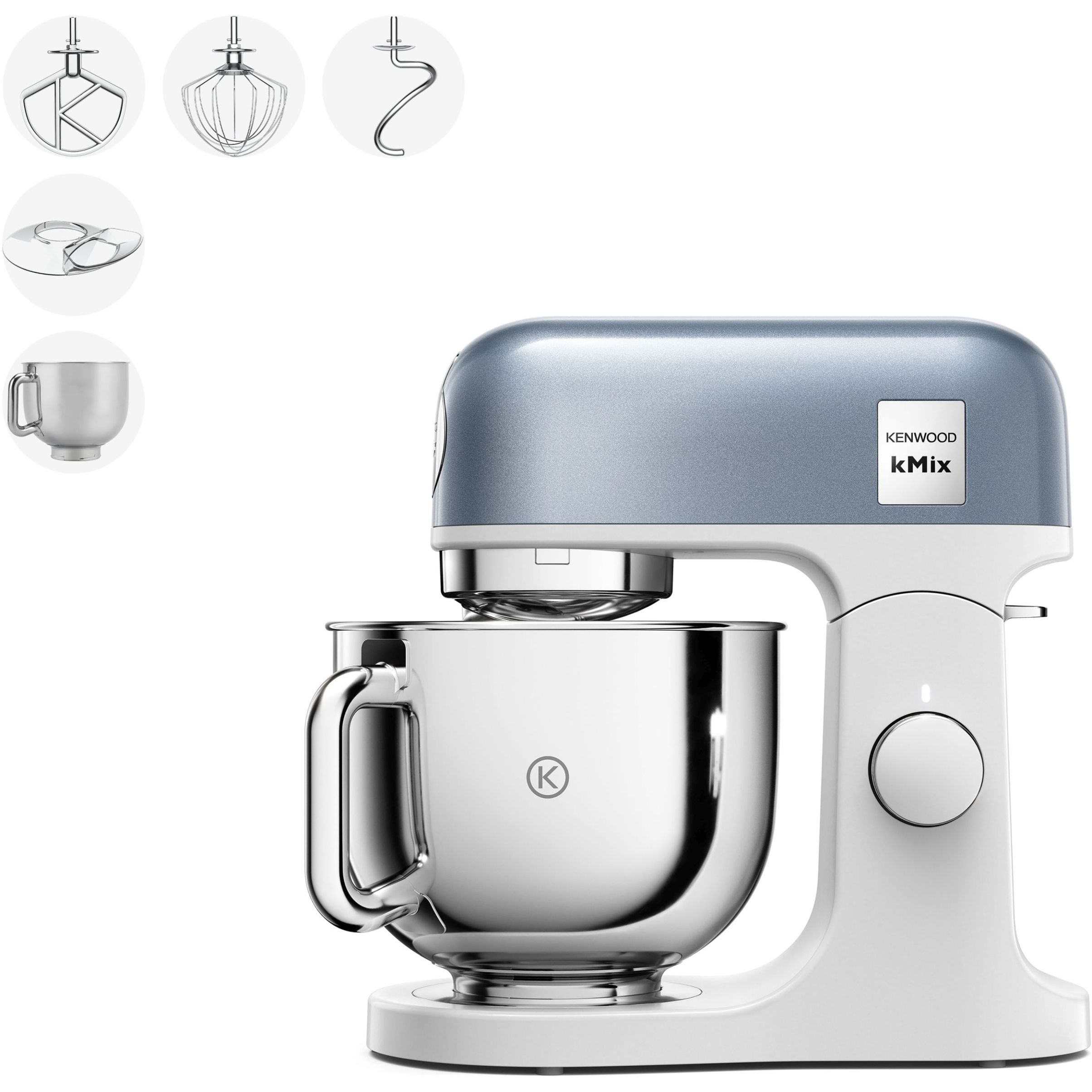 Robot de bucătărie planetar KENWOOD kMix Special Edition KMX760ABL – 0W20011441, 1000W (6 trepte și Turbo), Vas inox 5l, Set patiserie (tel 16 brațe, cârlig, paletă K), G9.3kg, Juniper Blue