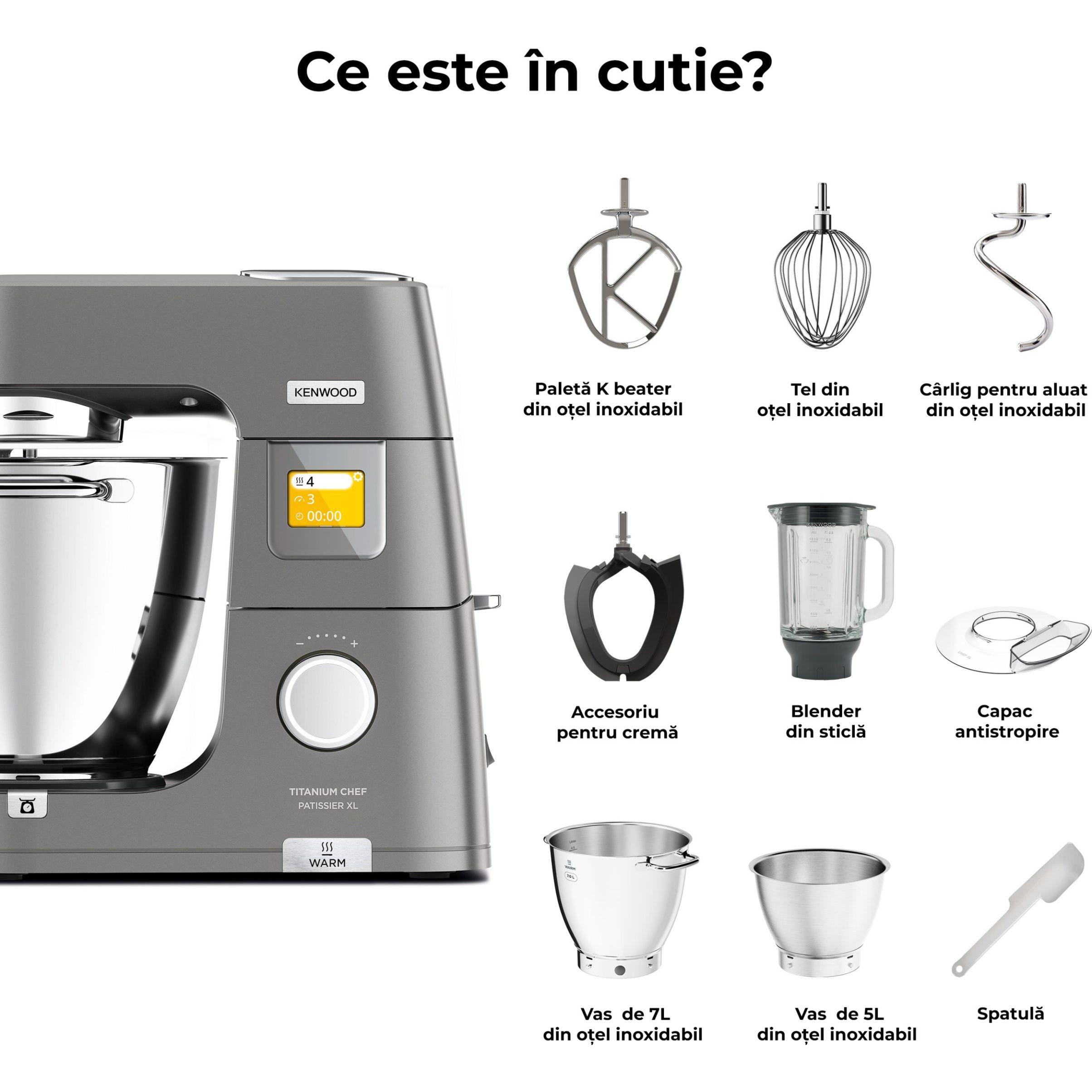 Robot de bucătărie planetar KENWOOD Titanium Chef Patissier XL KWL90.124SI – 0W20011363, 1400W, 6 funcții presetate, 2 vase 7 l/ 5 l, Blender sticlă, Cântar integrat, Sistem de încălzire, Touch screen