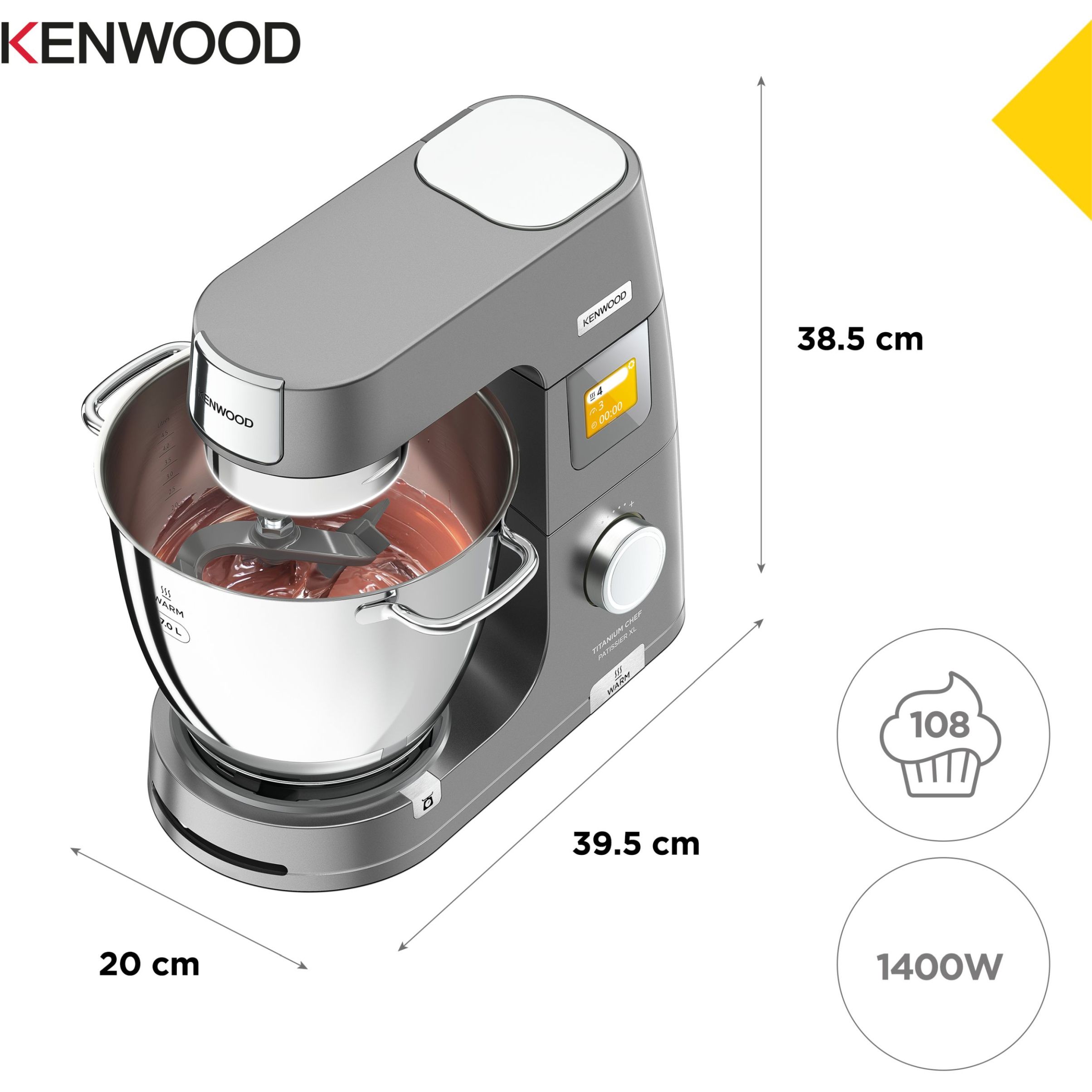 Robot de bucătărie planetar KENWOOD Titanium Chef Patissier XL KWL90.124SI – 0W20011363, 1400W, 6 funcții presetate, 2 vase 7 l/ 5 l, Blender sticlă, Cântar integrat, Sistem de încălzire, Touch screen