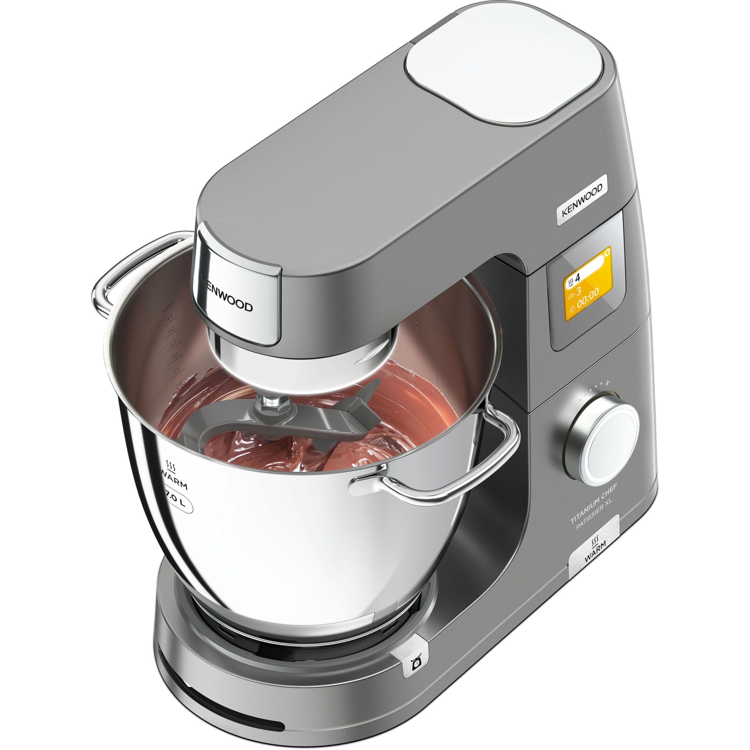 Robot de bucătărie planetar KENWOOD Titanium Chef Patissier XL KWL90.124SI – 0W20011363, 1400W, 6 funcții presetate, 2 vase 7 l/ 5 l, Blender sticlă, Cântar integrat, Sistem de încălzire, Touch screen