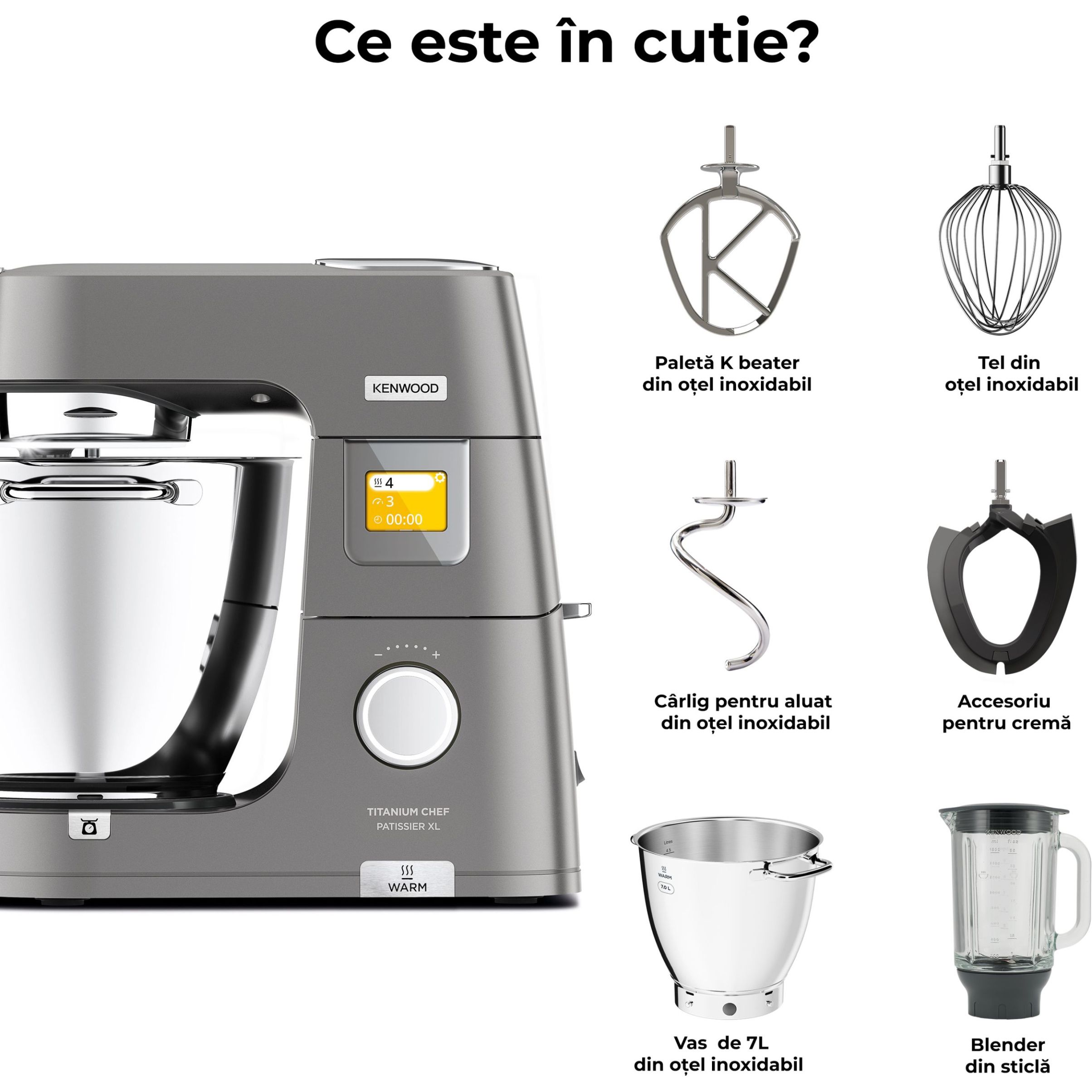 Robot de bucătărie planetar KENWOOD Titanium Chef Patissier XL KWL90.034SI – 0W20011371, 1400W, 6 funcții presetate, Vas 7 l, Blender sticlă, Cântar integrat, Sistem de încălzire, Touch screen