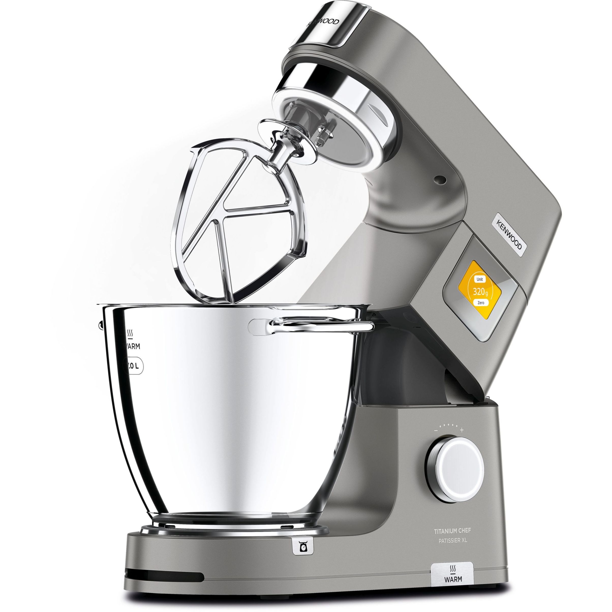 Robot de bucătărie planetar KENWOOD Titanium Chef Patissier XL KWL90.034SI – 0W20011371, 1400W, 6 funcții presetate, Vas 7 l, Blender sticlă, Cântar integrat, Sistem de încălzire, Touch screen
