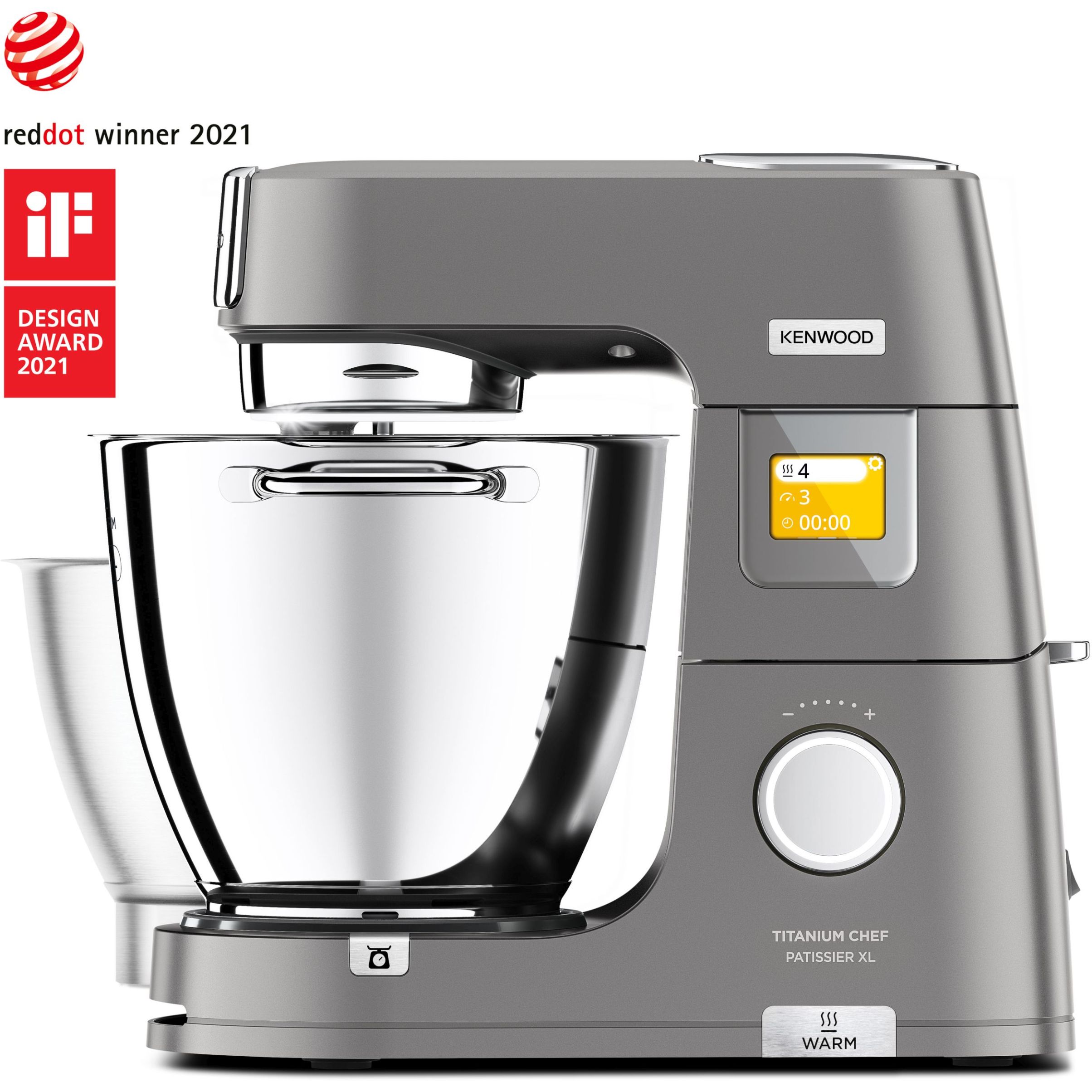 Robot de bucătărie planetar KENWOOD Titanium Chef Patissier XL KWL90.034SI – 0W20011371, 1400W, 6 funcții presetate, Vas 7 l, Blender sticlă, Cântar integrat, Sistem de încălzire, Touch screen