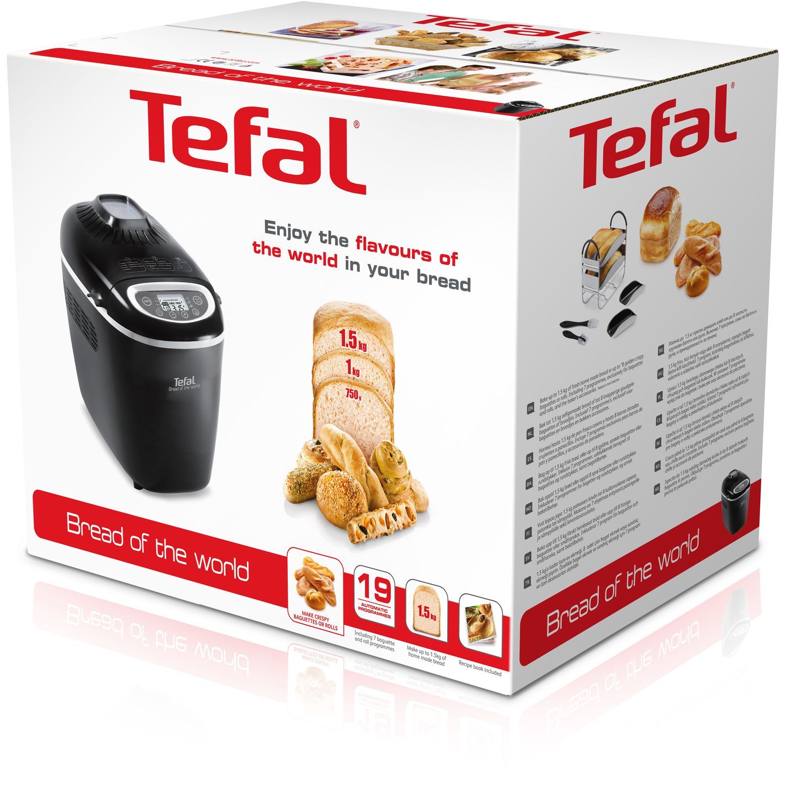 Mașină de pâine TEFAL Bread of the World PF611838, 19 programe, 1600W, Cuvă 1.5kg, 2 lame, Accesoriile brutarului, Păstrare la cald, Pornire întârziată, Fereastră, Carte cu 35 rețete