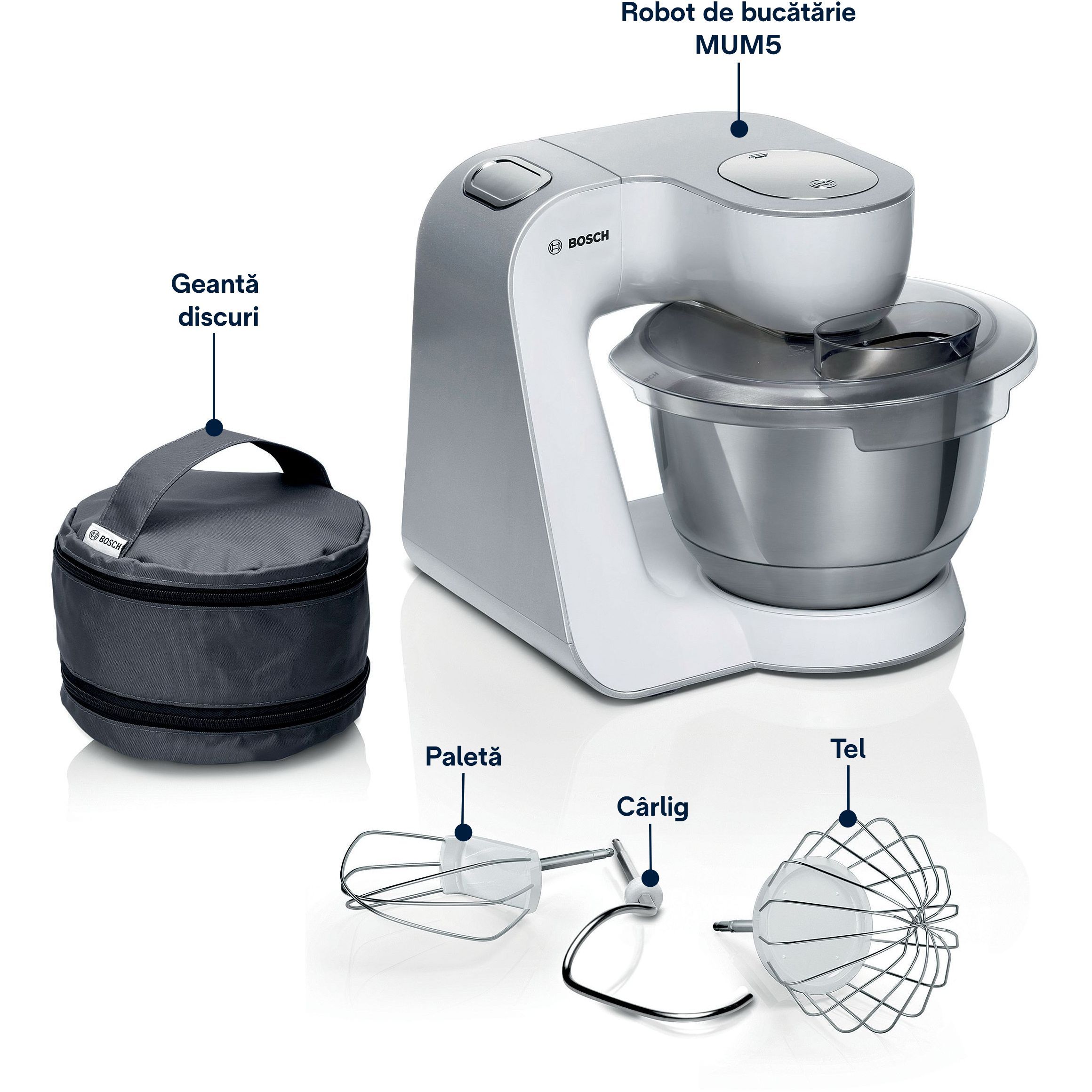 Robot de bucătărie planetar BOSCH Serie 4 MUM5 MUM58200, 1000W (7 trepte și Impuls), Bol inox 3.9l, Set de patiserie, Soft Start, Easy Arm Lift, Poziție de repaus, Geantă, G4.4kg, Silver and White