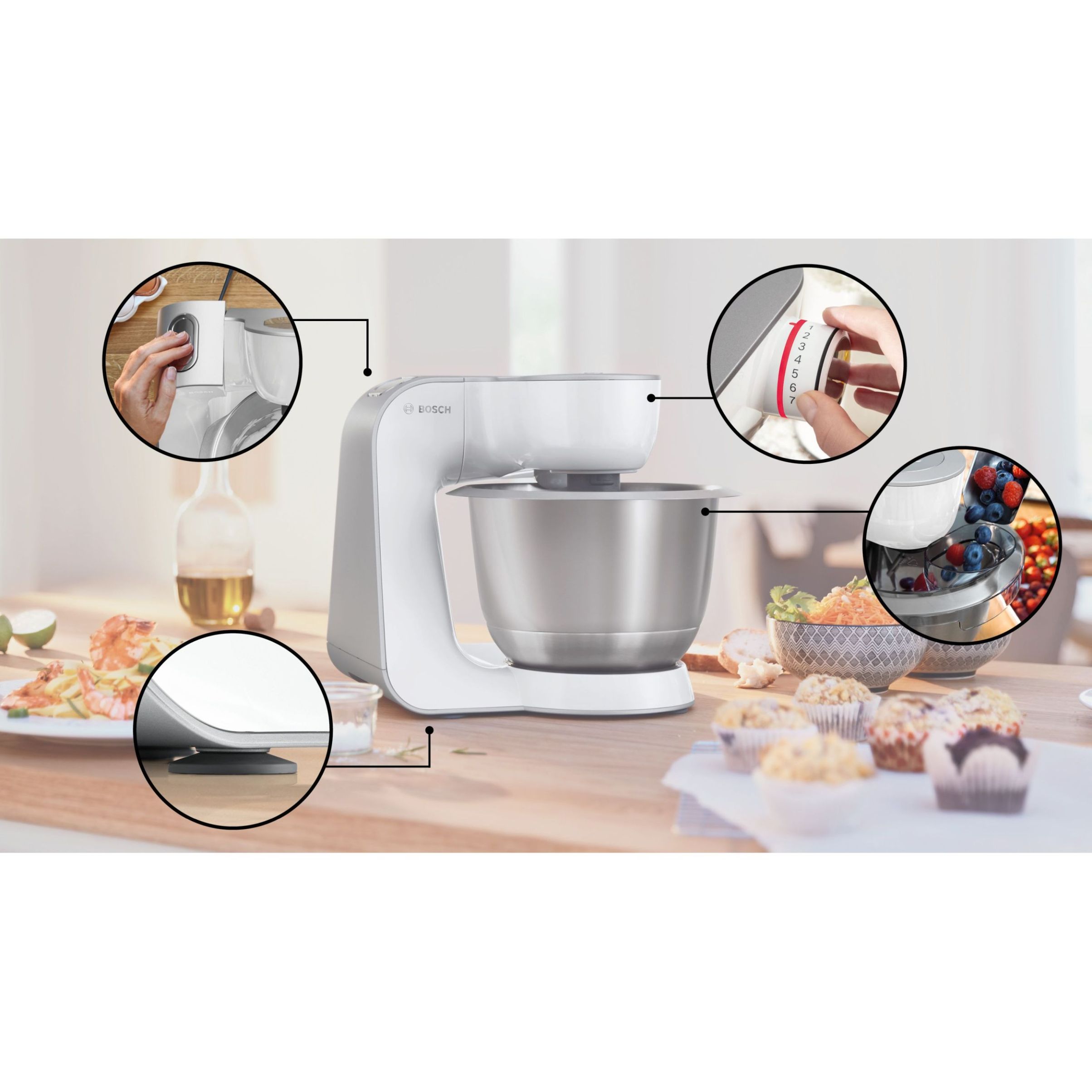 Robot de bucătărie planetar BOSCH Serie 4 MUM5 MUM58200, 1000W (7 trepte și Impuls), Bol inox 3.9l, Set de patiserie, Soft Start, Easy Arm Lift, Poziție de repaus, Geantă, G4.4kg, Silver and White