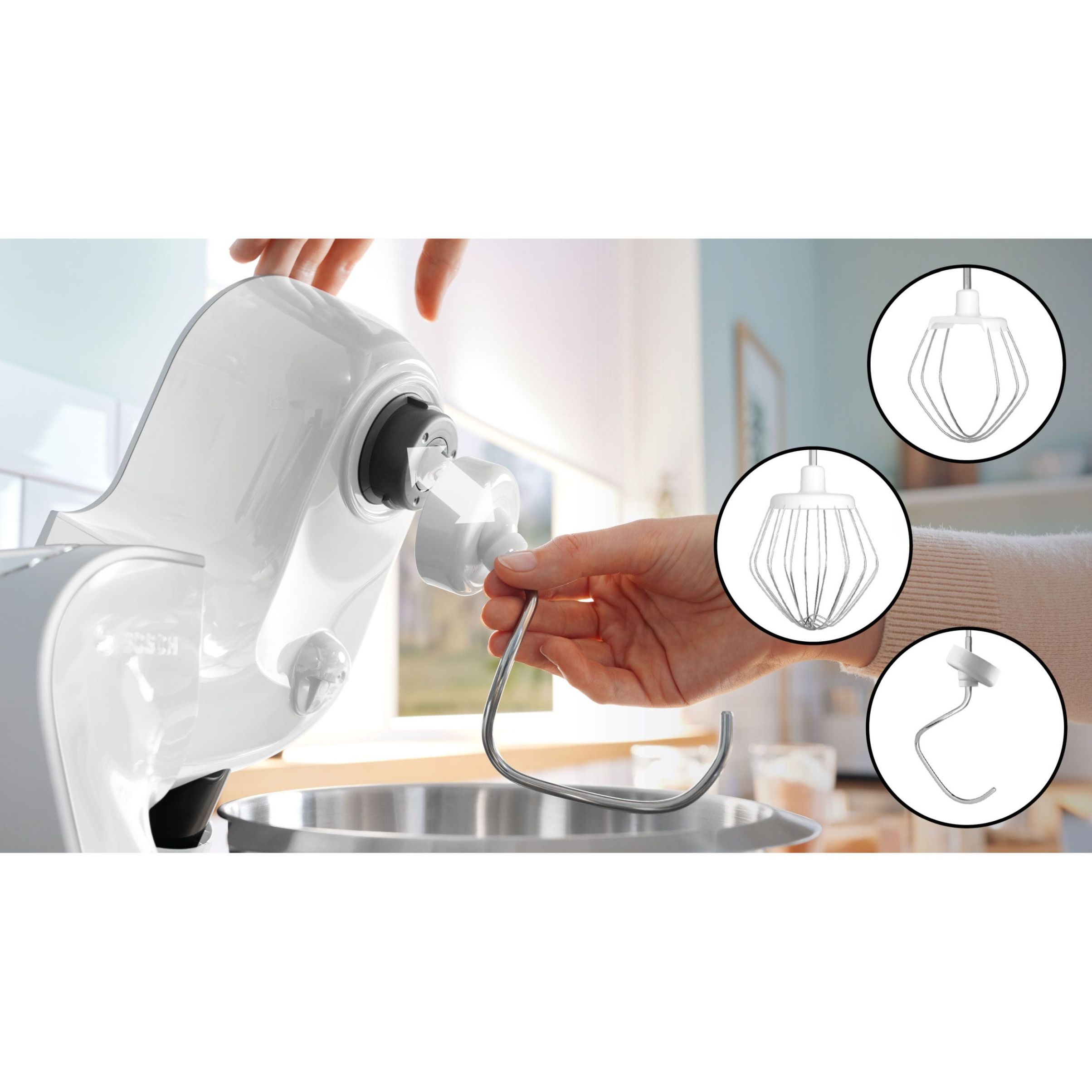 Robot de bucătărie planetar BOSCH Serie 4 MUM5 MUM58200, 1000W (7 trepte și Impuls), Bol inox 3.9l, Set de patiserie, Soft Start, Easy Arm Lift, Poziție de repaus, Geantă, G4.4kg, Silver and White