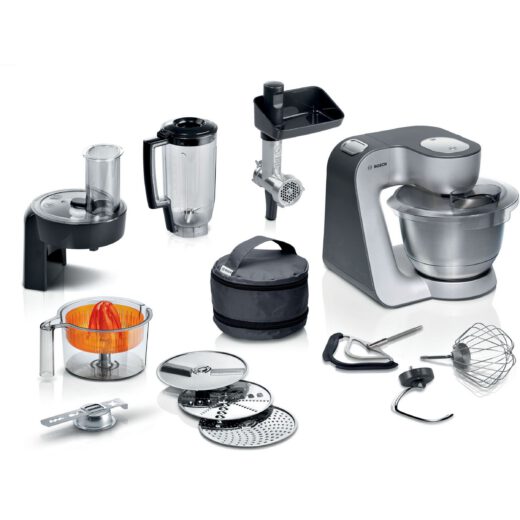 Robot de bucătărie planetar BOSCH Serie 4 MUM5 MUM5935B  1000W (7 trepte și Impuls)  Bol inox 3.9l  Set de patiserie  Soft Start  Easy Arm Lift  Poziție de repaus  Geantă  Dark Gray and White