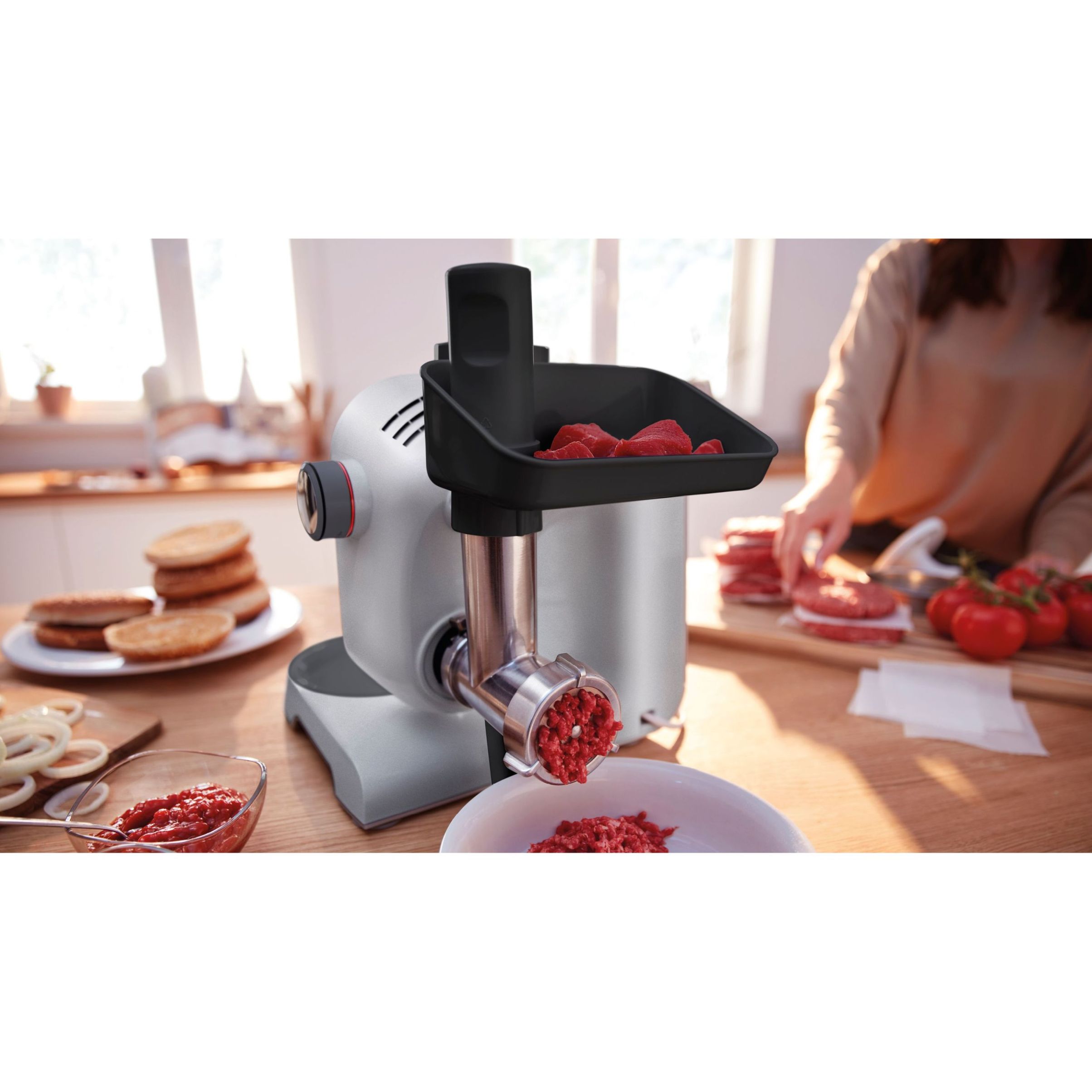 Robot de bucătărie planetar BOSCH Serie 4 MUM5 MUM5935B, 1000W (7 trepte și Impuls), Bol inox 3.9l, Set de patiserie, Soft Start, Easy Arm Lift, Poziție de repaus, Geantă, Dark Gray and White