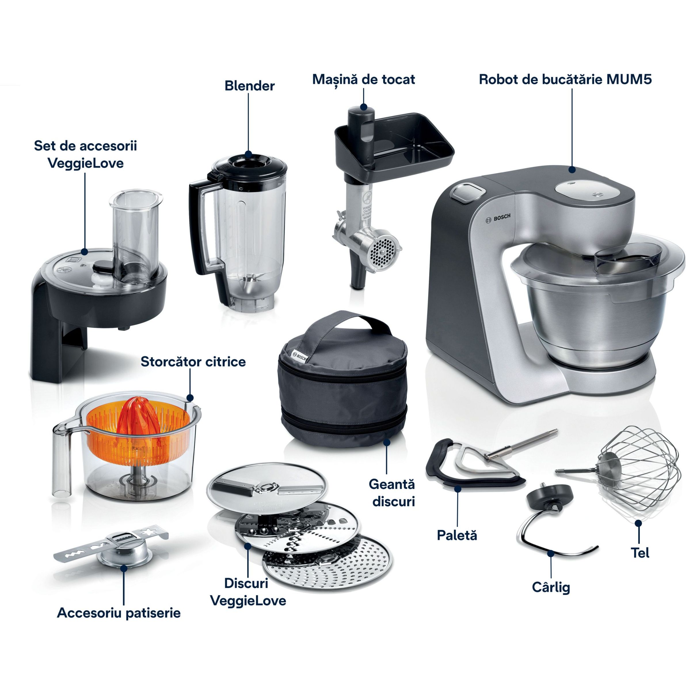 Robot de bucătărie planetar BOSCH Serie 4 MUM5 MUM5935B, 1000W (7 trepte și Impuls), Bol inox 3.9l, Set de patiserie, Soft Start, Easy Arm Lift, Poziție de repaus, Geantă, Dark Gray and White