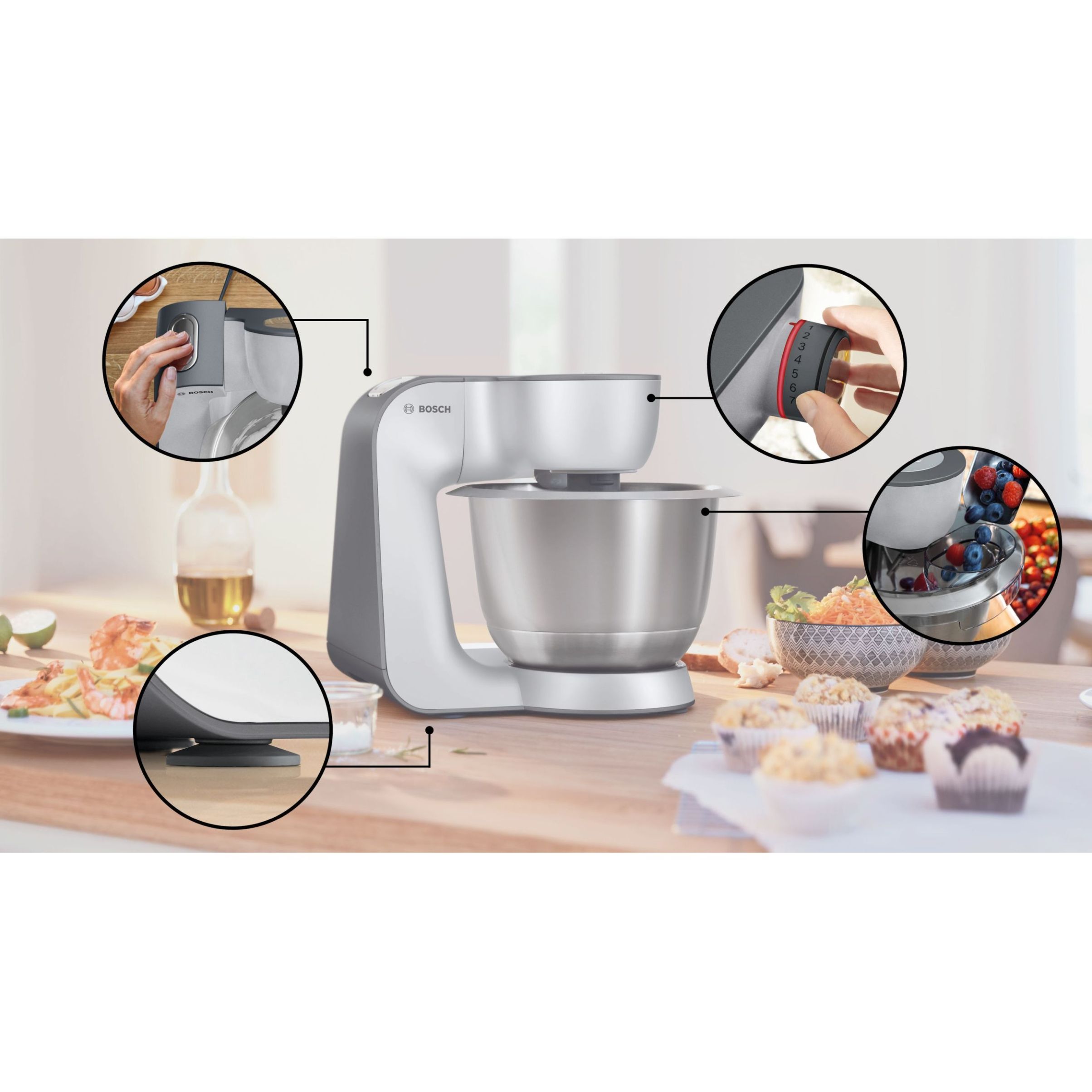 Robot de bucătărie planetar BOSCH Serie 4 MUM5 MUM5935B, 1000W (7 trepte și Impuls), Bol inox 3.9l, Set de patiserie, Soft Start, Easy Arm Lift, Poziție de repaus, Geantă, Dark Gray and White