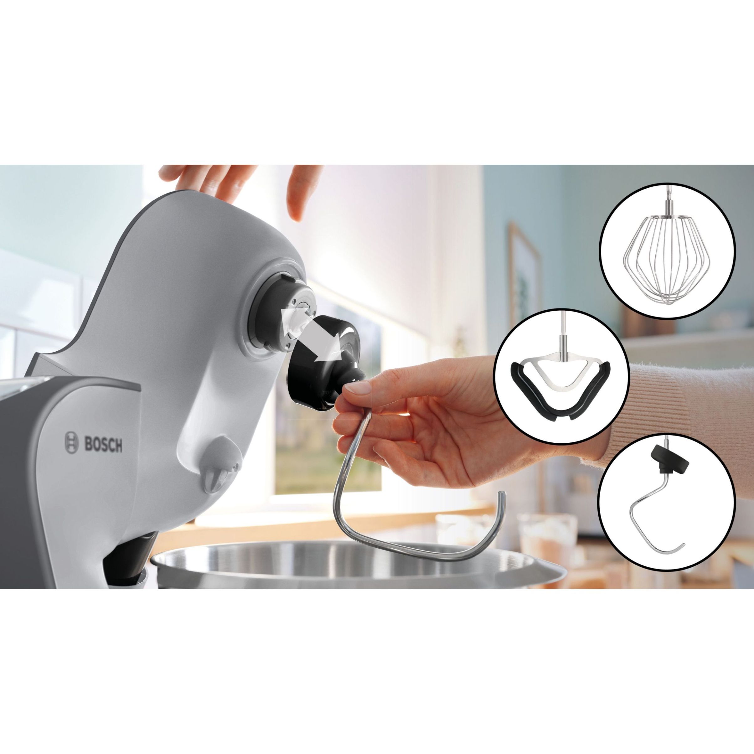 Robot de bucătărie planetar BOSCH Serie 4 MUM5 MUM5935B, 1000W (7 trepte și Impuls), Bol inox 3.9l, Set de patiserie, Soft Start, Easy Arm Lift, Poziție de repaus, Geantă, Dark Gray and White