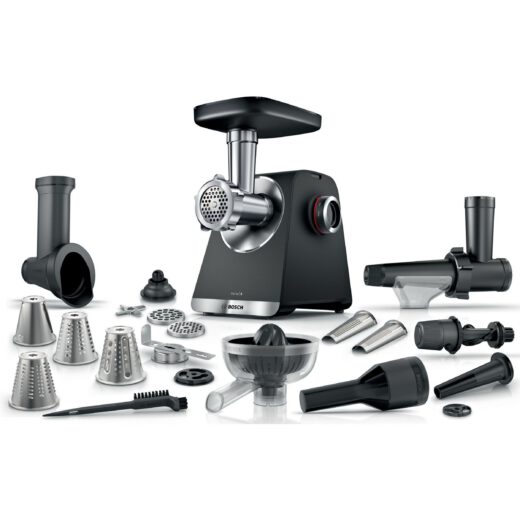 Mașină de tocat carne BOSCH Serie 6 MultiPower MFWS682B  Vârf 2100W (2 trepte și revers)  Nominală 500W  3.5kg/min  Storcător  Răzătoare  Cârnați  Kebbe  Presă citrice  Accesoriu biscuiți  Metallic Silver