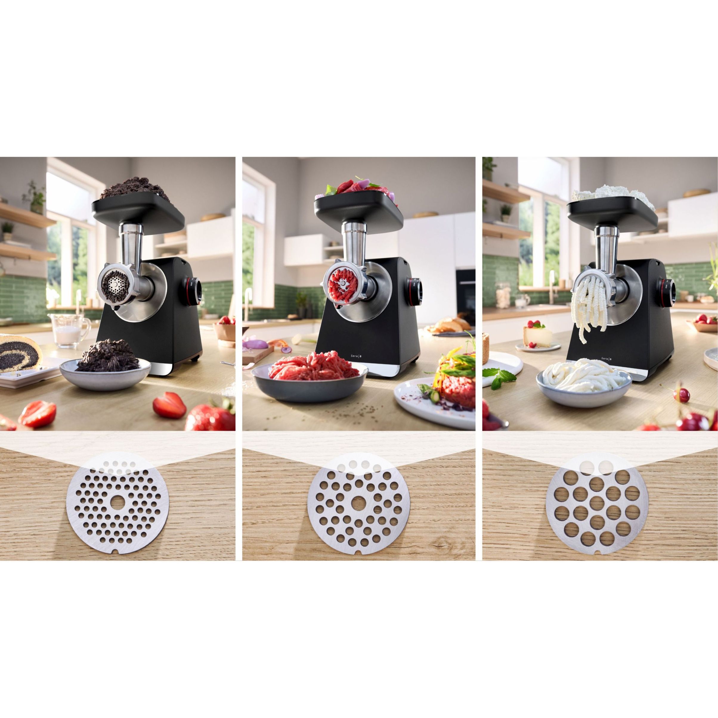Mașină de tocat carne BOSCH Serie 6 MultiPower MFWS682B, Vârf 2100W (2 trepte și revers), Nominală 500W, 3.5kg/min, Storcător, Răzătoare, Cârnați, Kebbe, Presă citrice, Accesoriu biscuiți, Metallic Silver